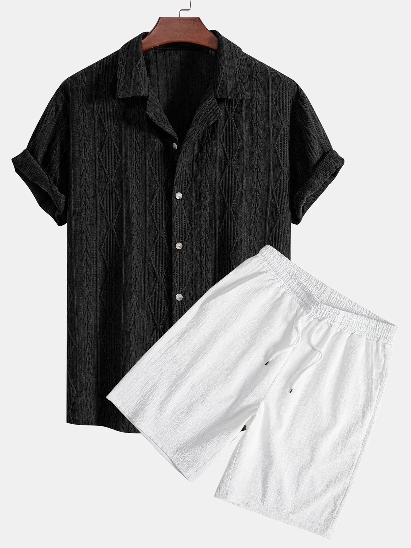 Geometrisches Jacquard-Augenloch-Cuban-Hemd & geknitterte, strukturierte Kordelzug-Shorts - Image 4