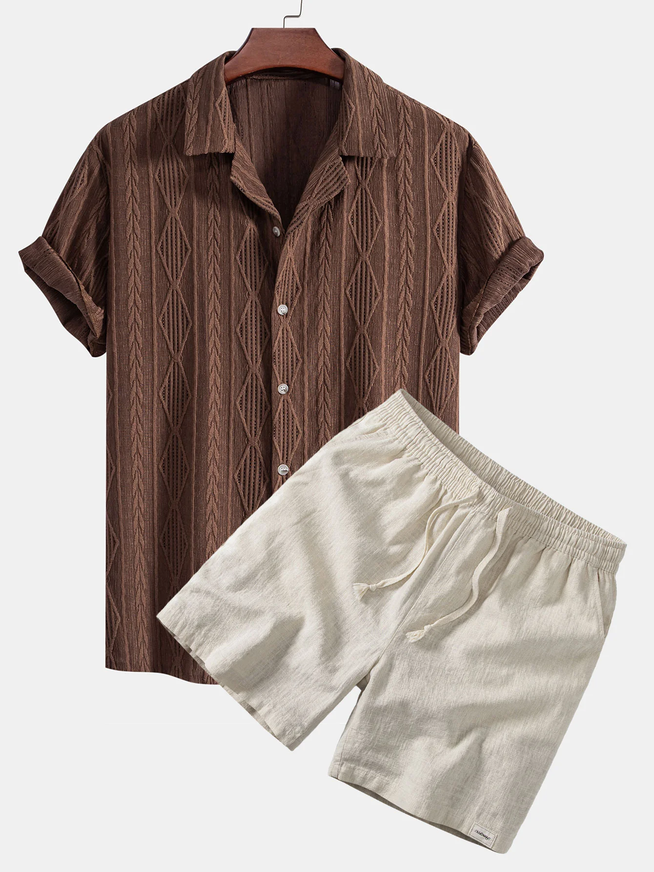 Geometric Jacquard Eyelet Cuban Shirt & Linen Blend Drawstring 7" Shorts - Image 2