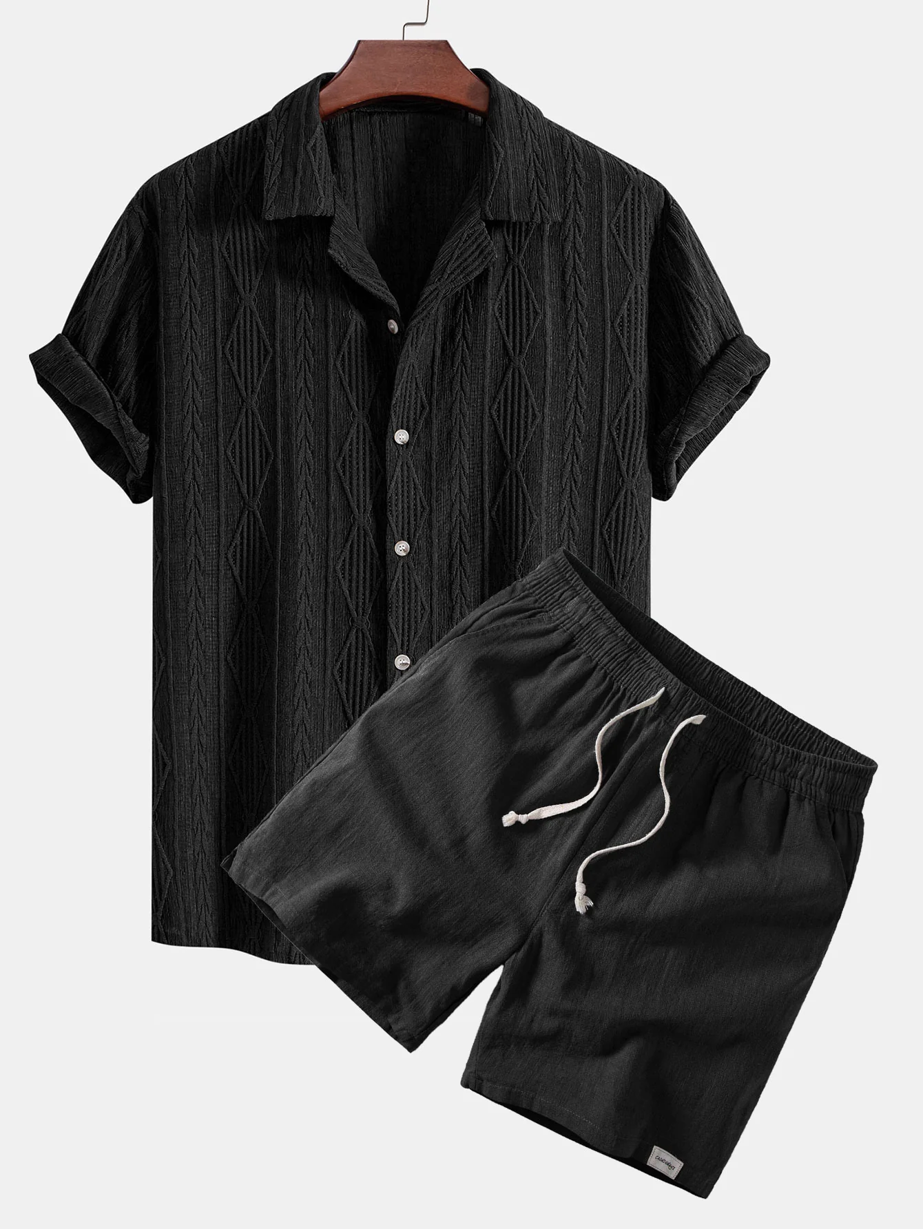 Geometric Jacquard Eyelet Cuban Shirt & Linen Blend Drawstring 7" Shorts - Image 3