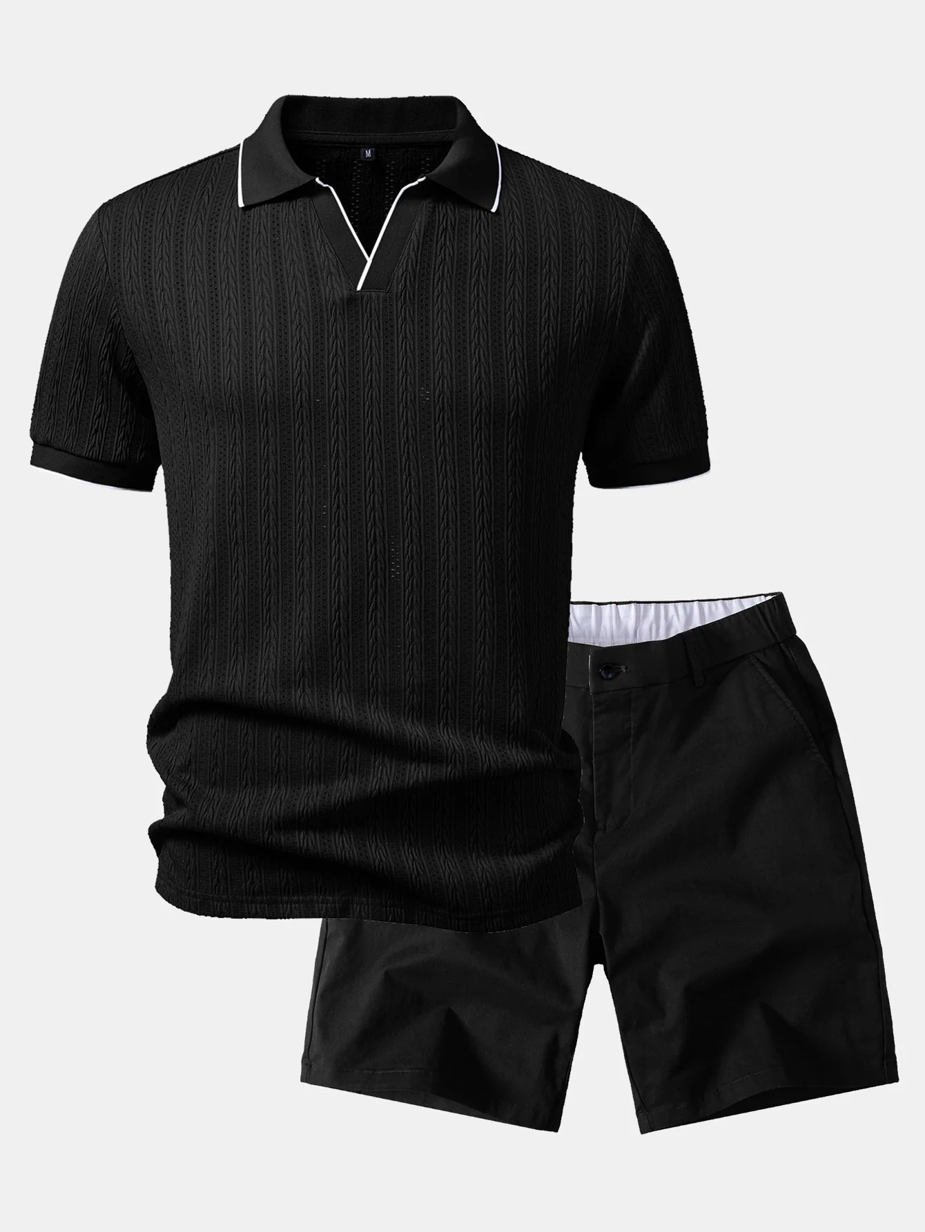 Geometric Jacquard Johnny Collar Polo & Elastic Waist Chino Shorts