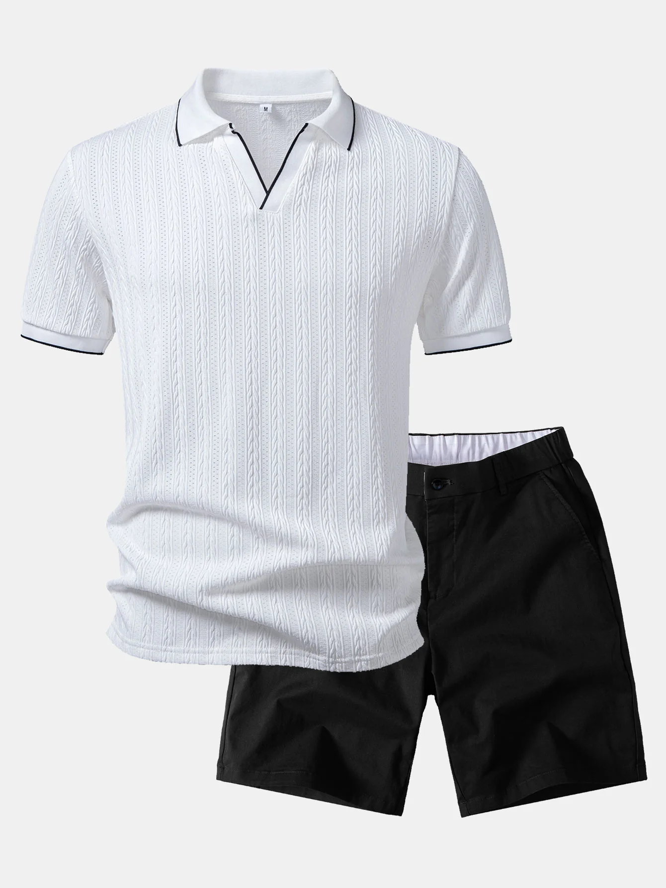 Geometric Jacquard Johnny Collar Polo & Elastic Waist Chino Shorts - Image 2