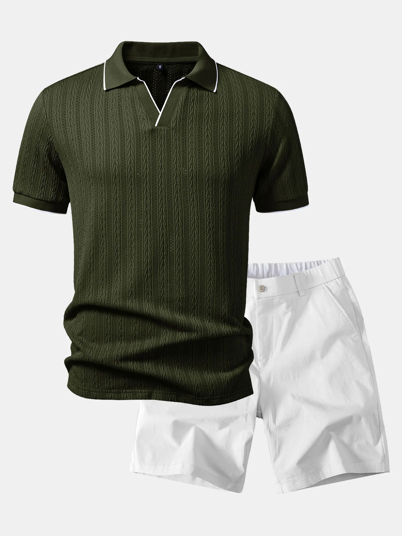 Geometric Jacquard Johnny Collar Polo & Elastic Waist Chino Shorts - Image 3