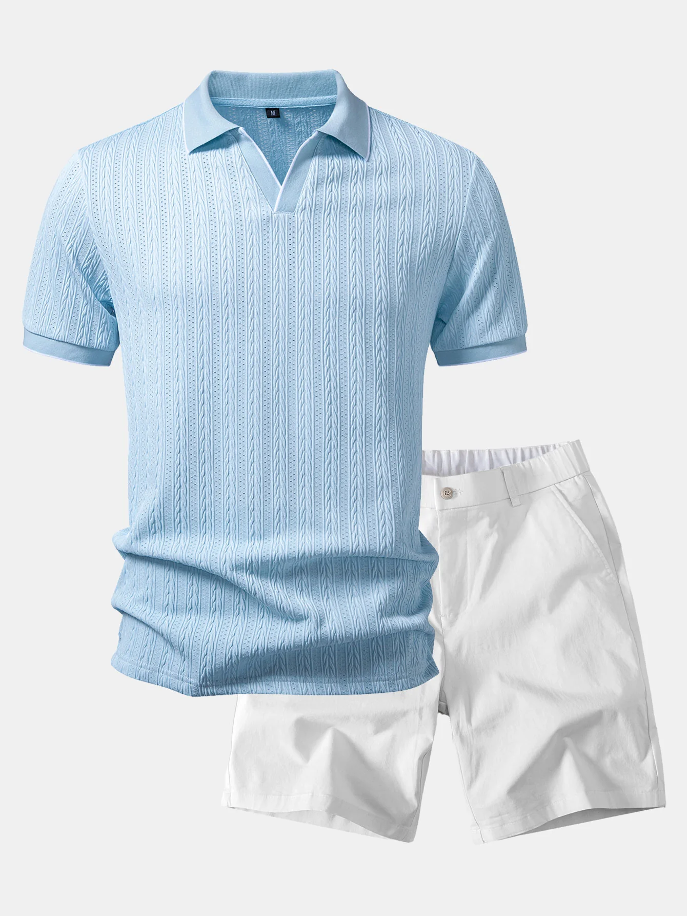 Geometric Jacquard Johnny Collar Polo & Elastic Waist Chino Shorts - Image 4