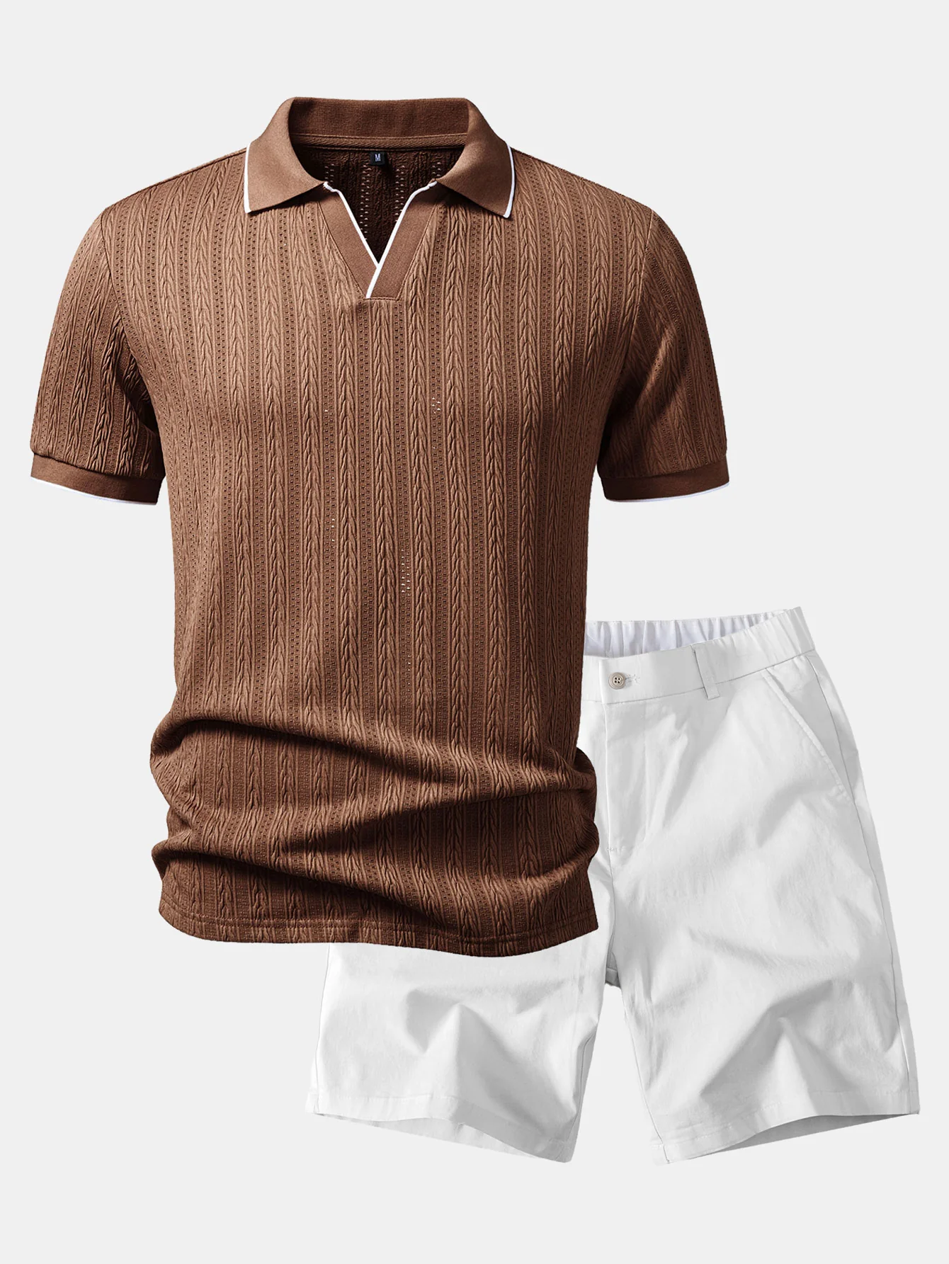 Geometric Jacquard Johnny Collar Polo & Elastic Waist Chino Shorts - Image 5