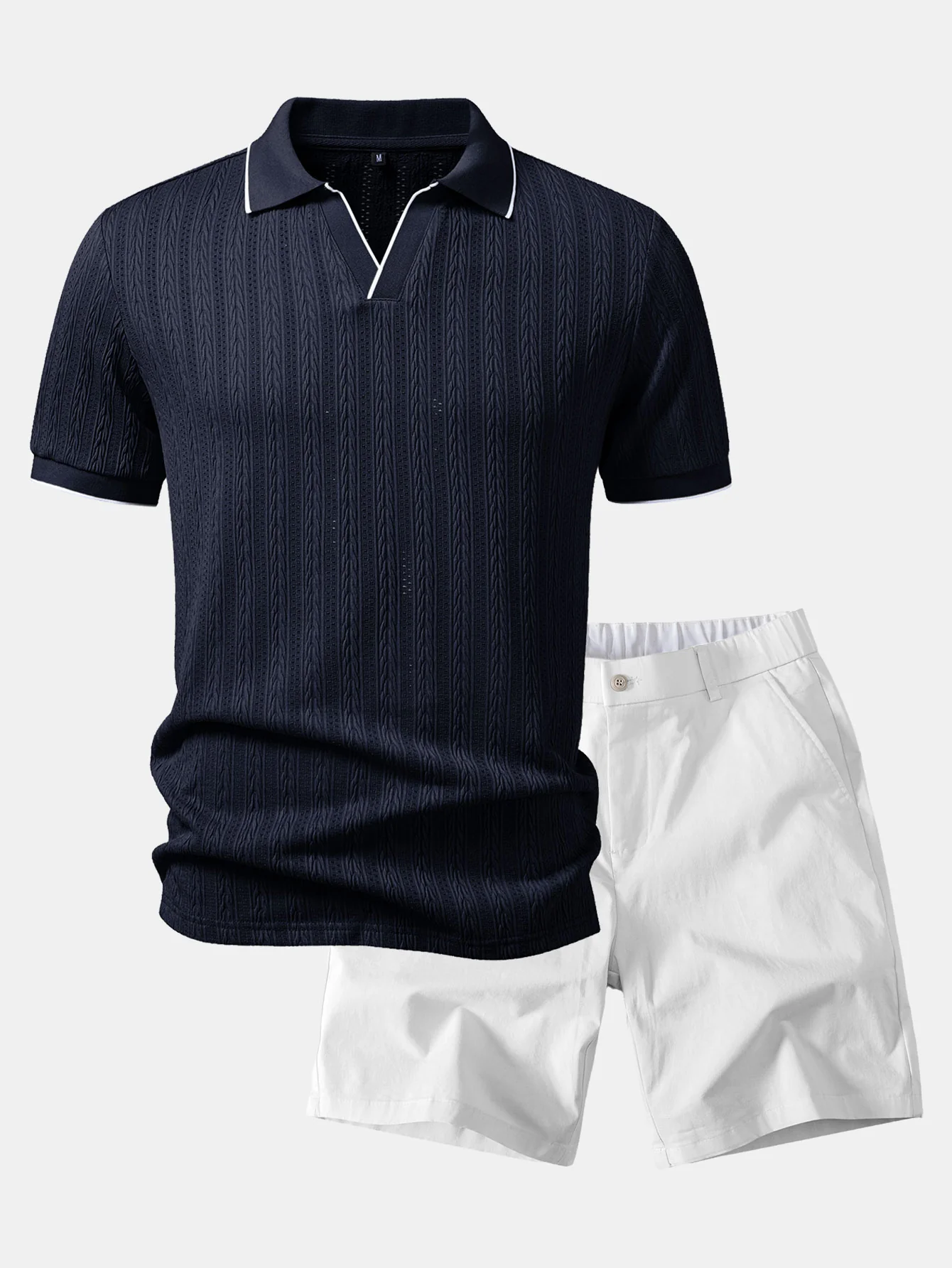Geometric Jacquard Johnny Collar Polo & Elastic Waist Chino Shorts - Image 7