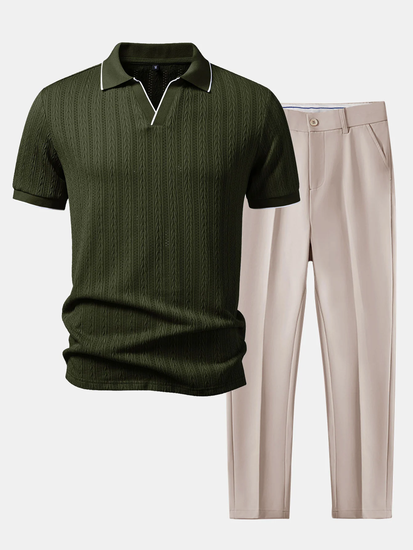 Geometric Jacquard Johnny Collar Polo & Slim Fit Tapered Trousers - Image 3
