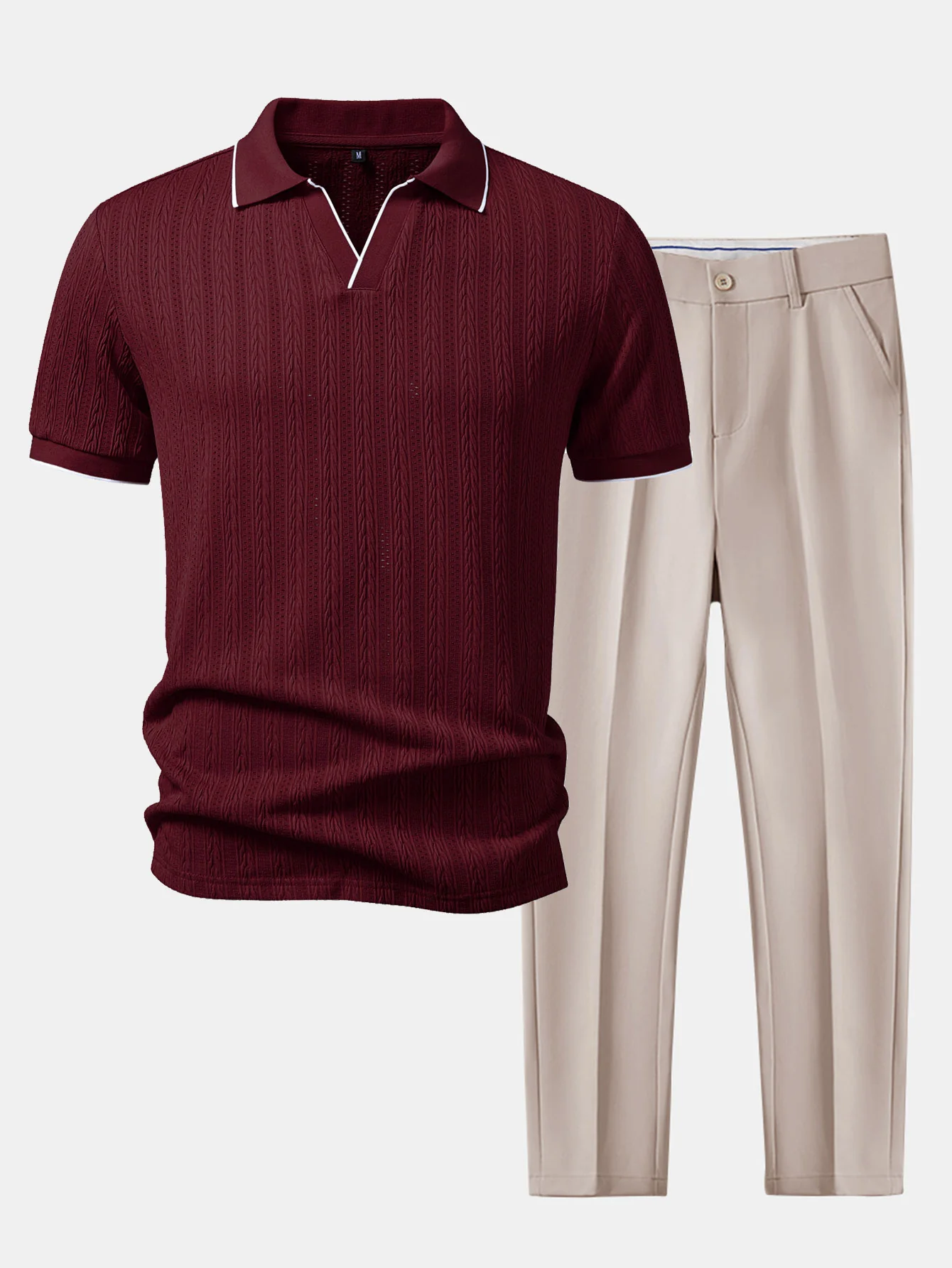 Geometric Jacquard Johnny Collar Polo & Slim Fit Tapered Trousers - Image 5