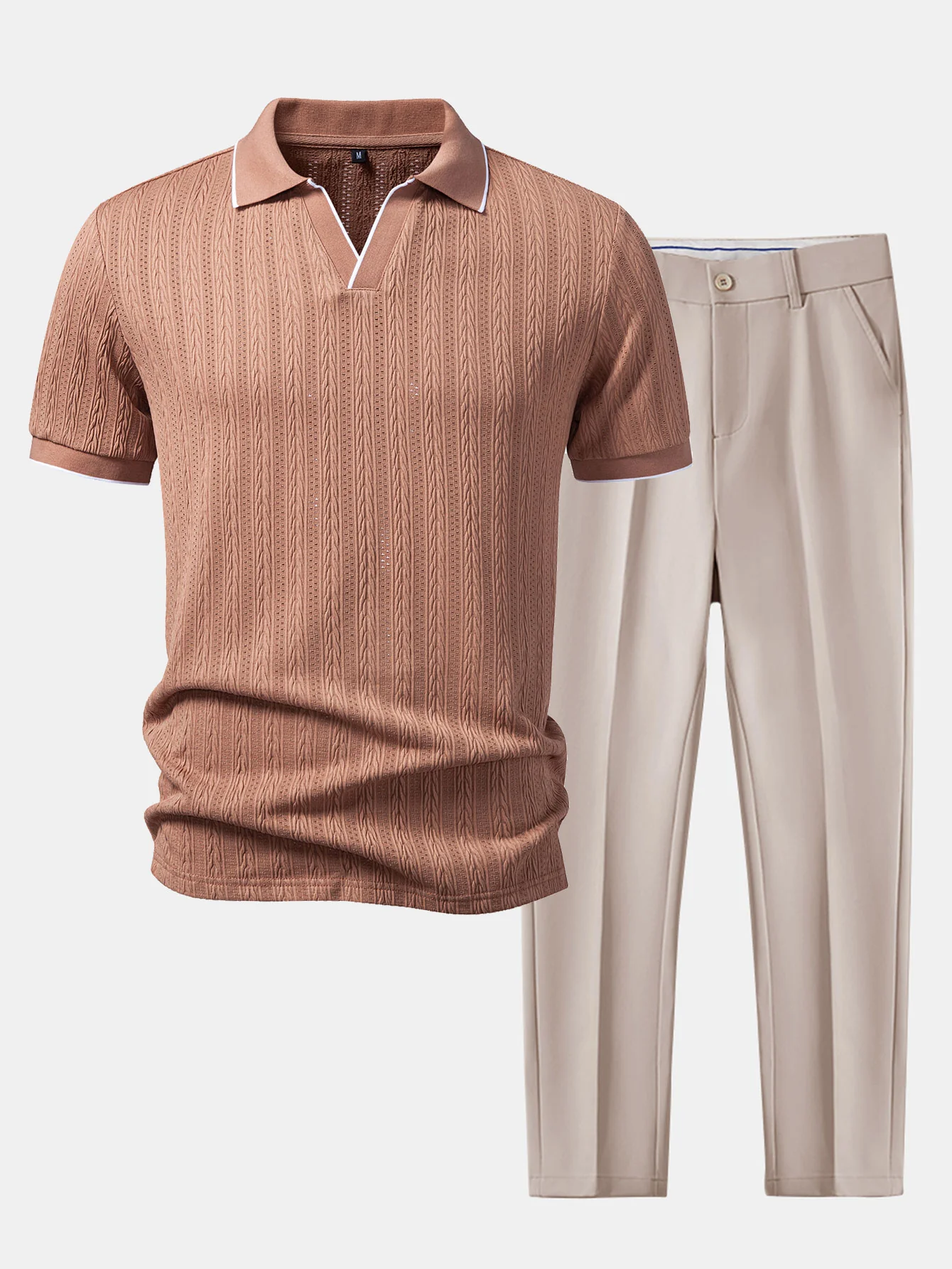 Geometric Jacquard Johnny Collar Polo & Slim Fit Tapered Trousers - Image 6