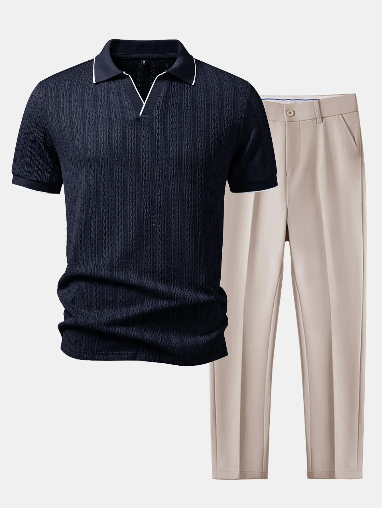 Geometric Jacquard Johnny Collar Polo & Slim Fit Tapered Trousers - Image 7