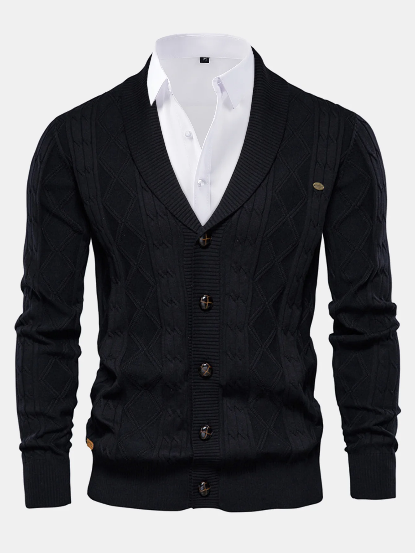 Geometrischer Jacquard Strickjacke mit Schalkragen Pullover - Image 4