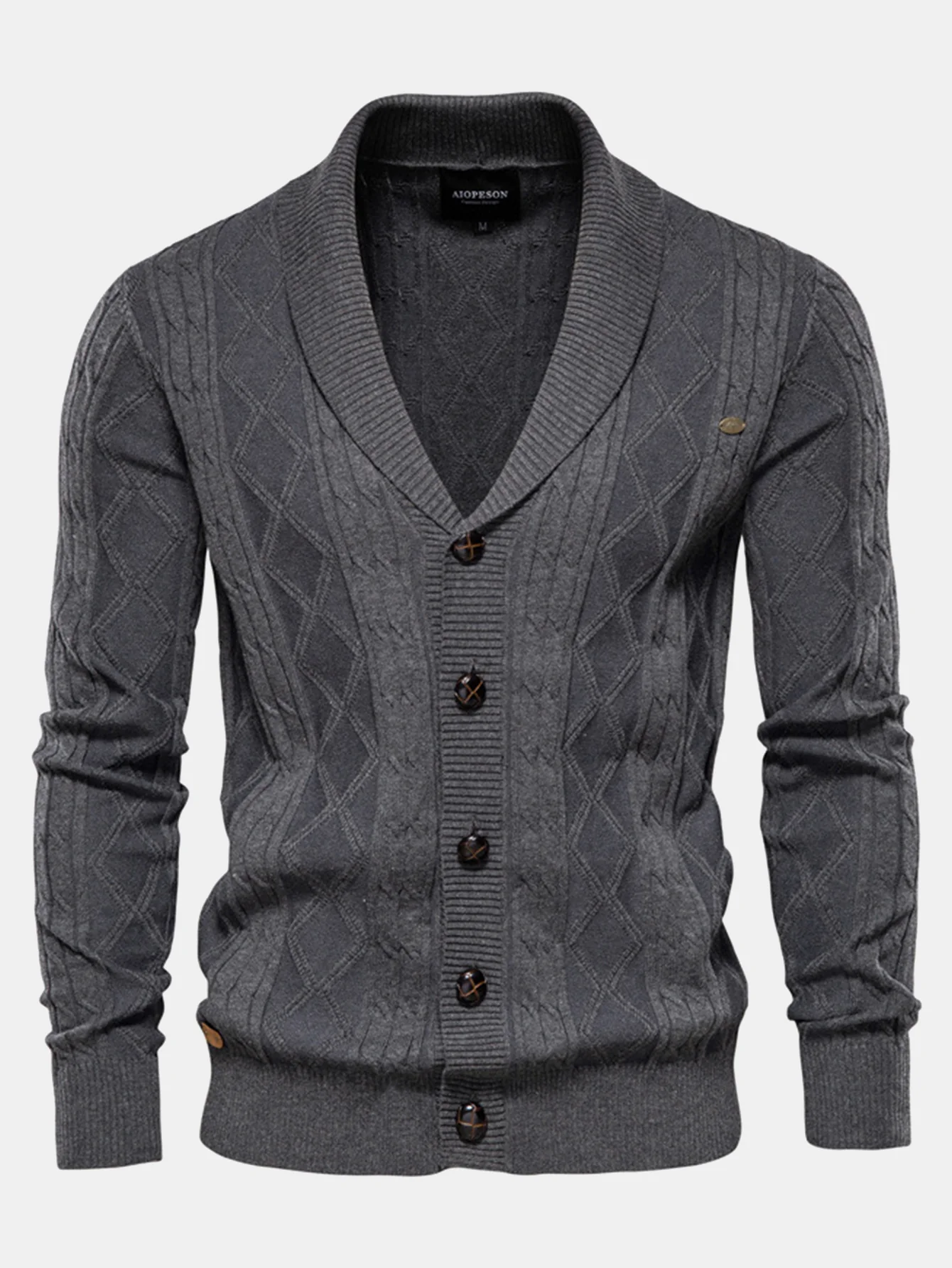Geometrischer Jacquard Strickjacke mit Schalkragen Pullover - Image 5