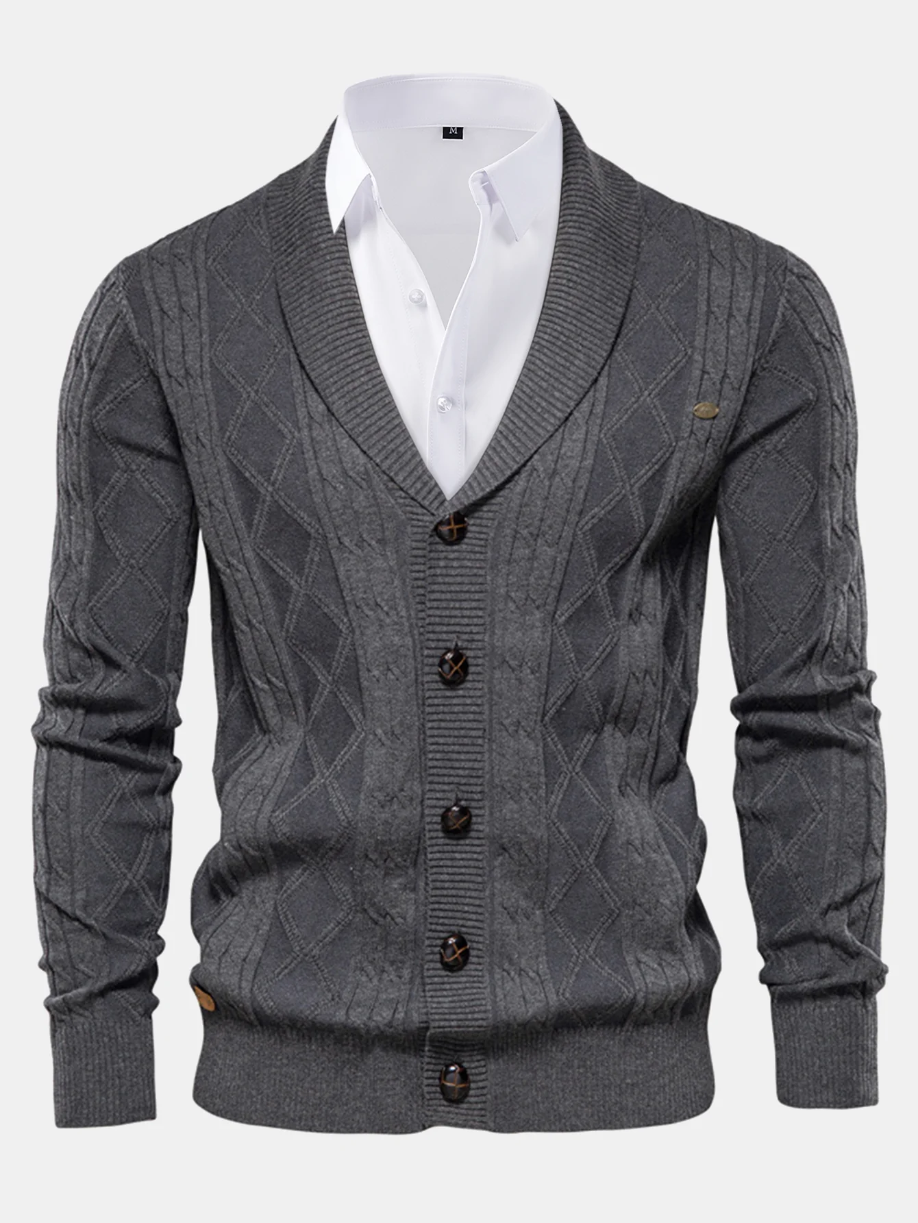Geometrischer Jacquard Strickjacke mit Schalkragen Pullover - Image 6