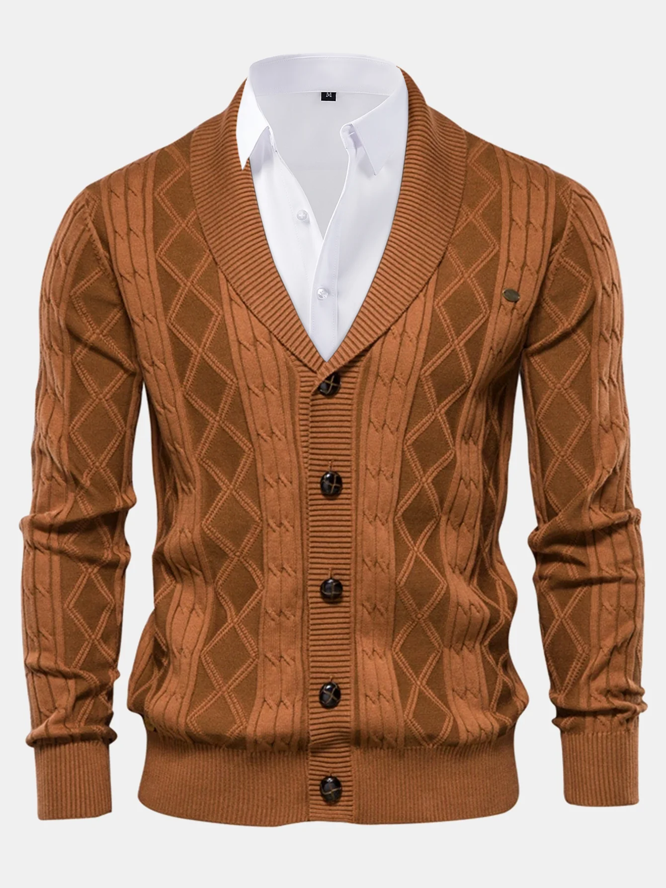 Geometrischer Jacquard Strickjacke mit Schalkragen Pullover - Image 8