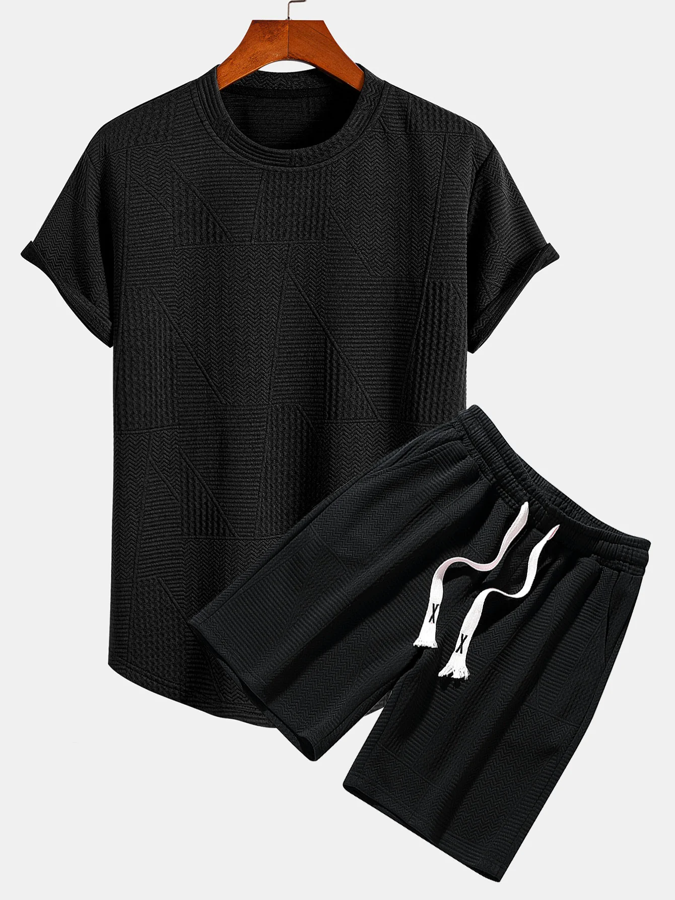 Geometrisches Jacquard T-Shirt mit kurzen Ärmeln und Shorts mit Bogen-Saum