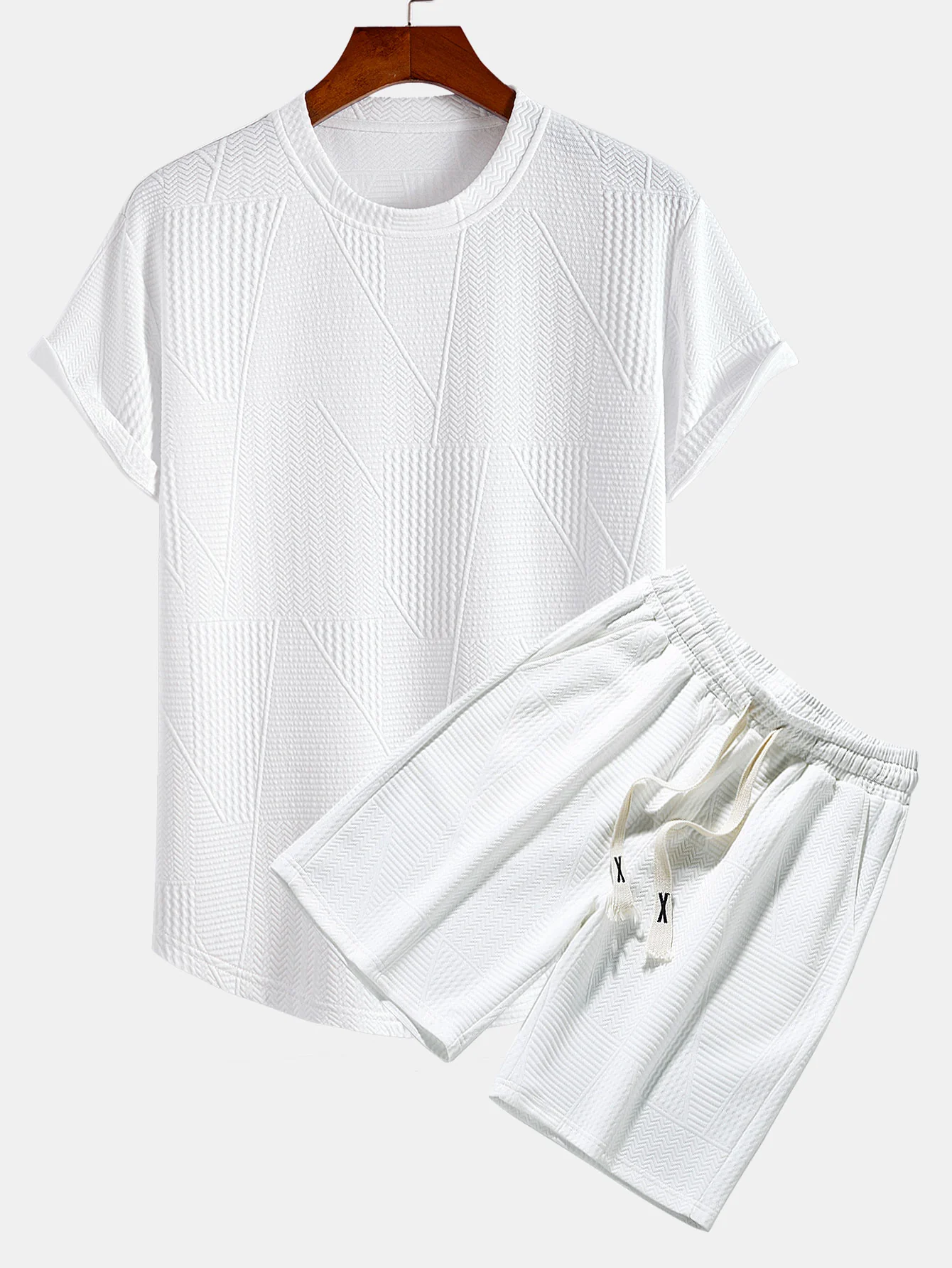 Geometrisches Jacquard T-Shirt mit kurzen Ärmeln und Shorts mit Bogen-Saum - Image 2