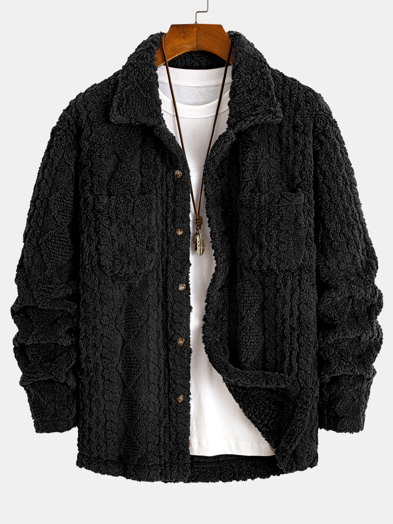 Geometric Jacquard Teddy Fleece Button Up Shirt - Image 3