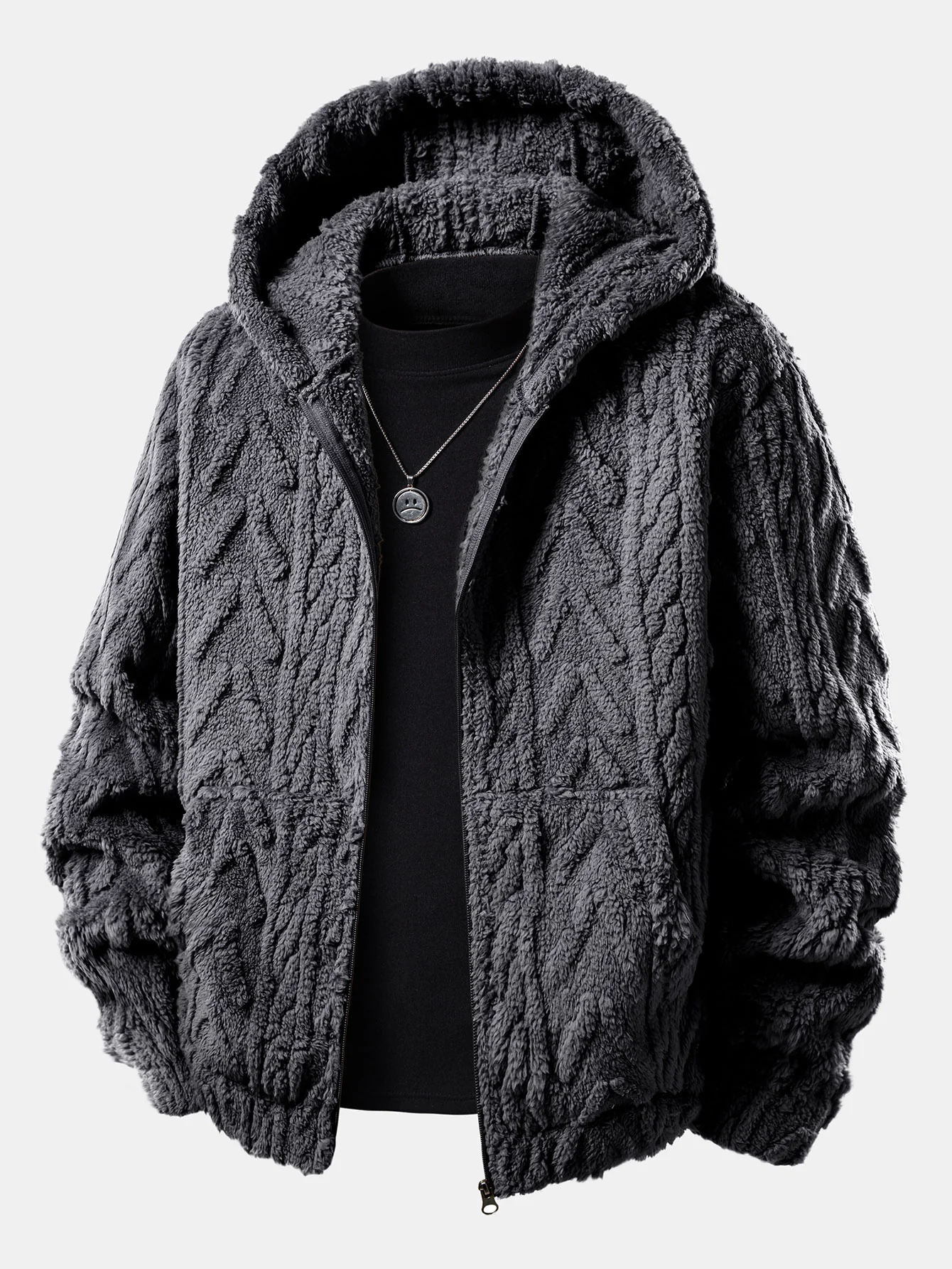 Geometric Jacquard Teddy Fleece Zip Up Hoodie - Image 3