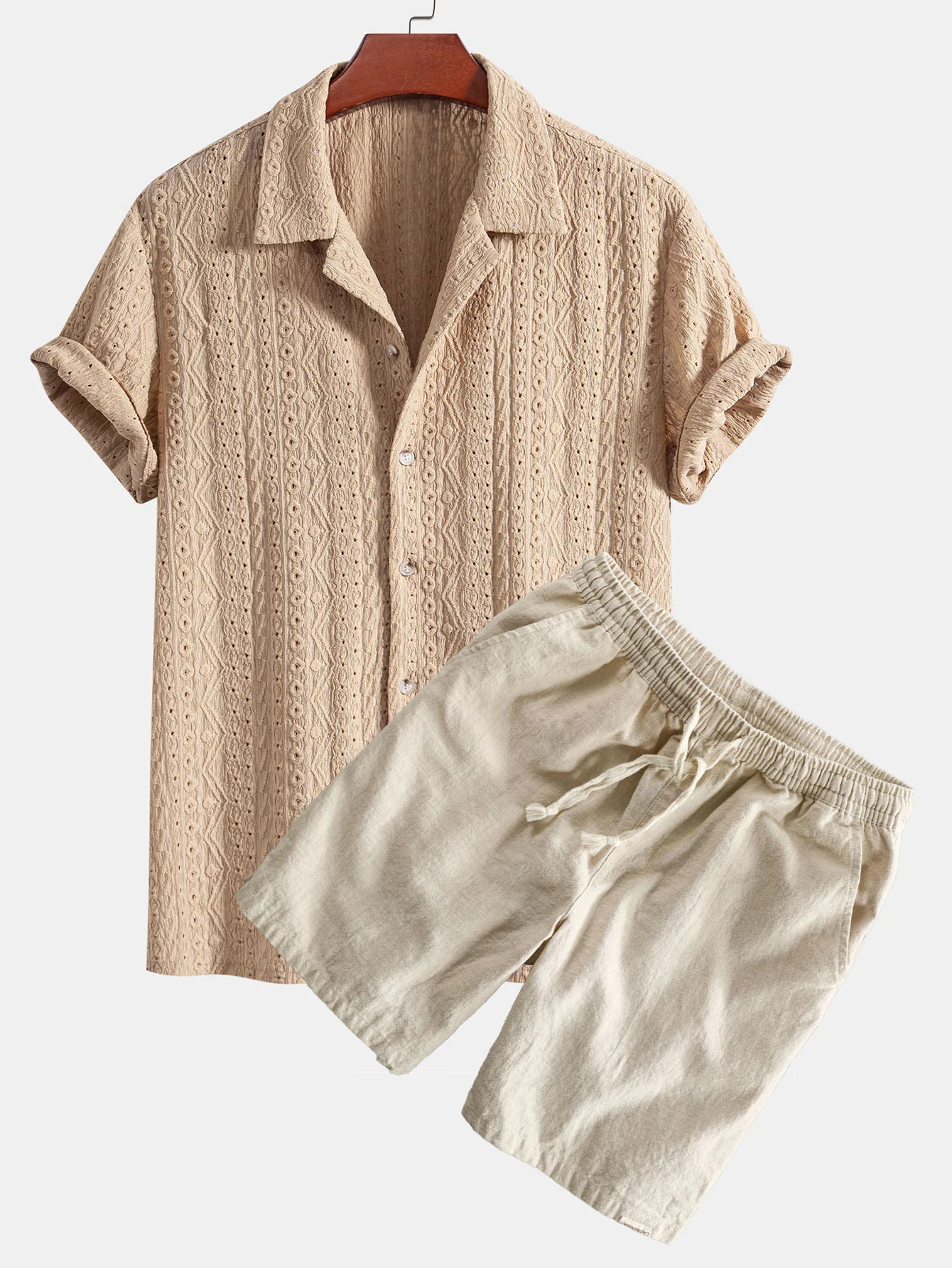 Geometrisches Jacquard-texturiertes Cuban Shirt & Leinen-Baumwoll-Mix Shorts