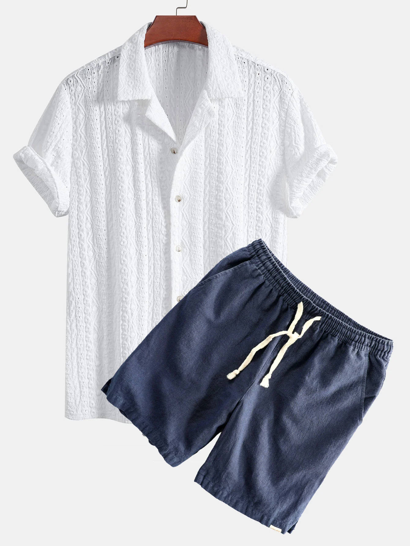 Geometrisches Jacquard-texturiertes Cuban Shirt & Leinen-Baumwoll-Mix Shorts - Image 4