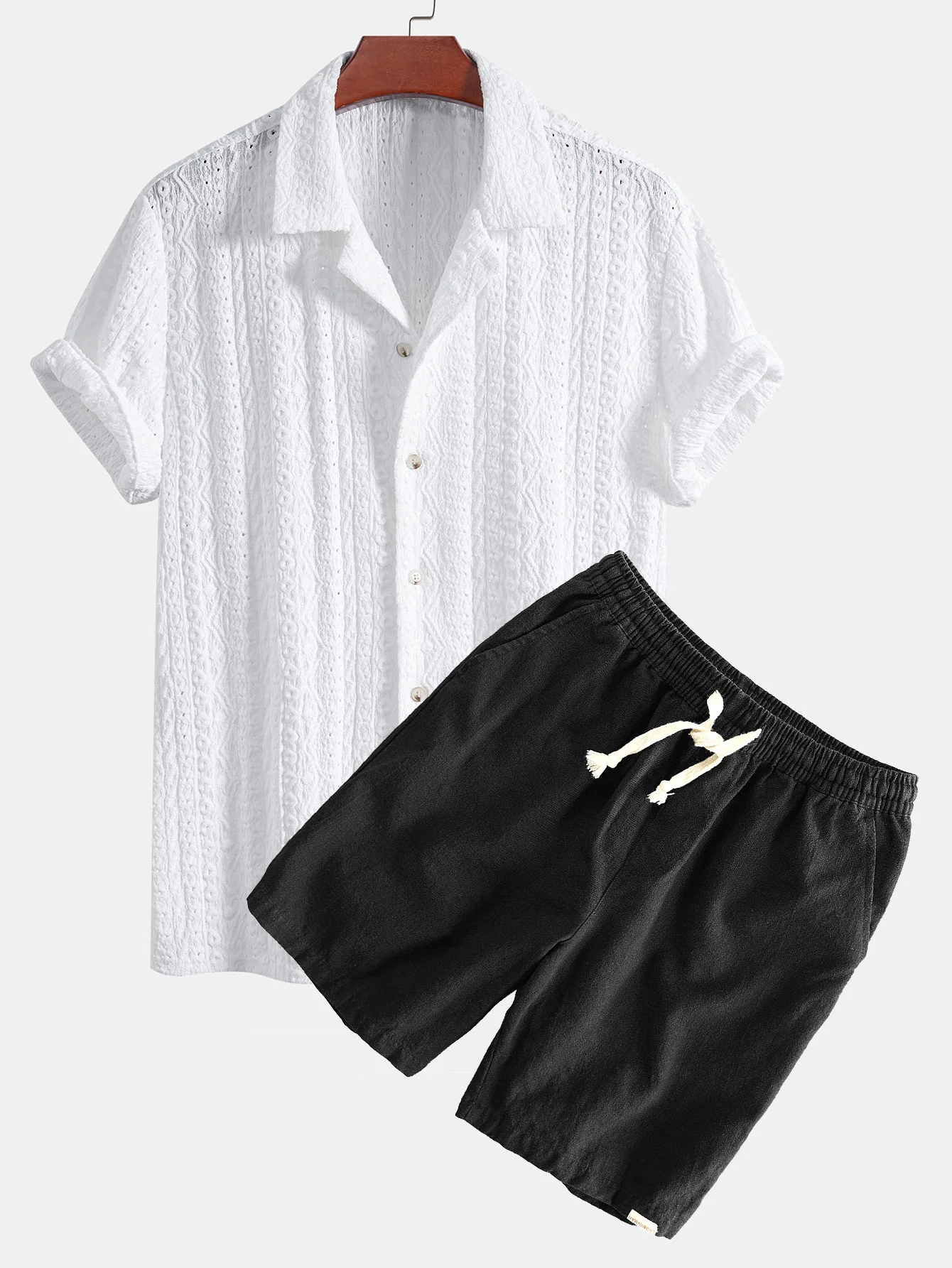 Geometrisches Jacquard-texturiertes Cuban Shirt & Leinen-Baumwoll-Mix Shorts - Image 5