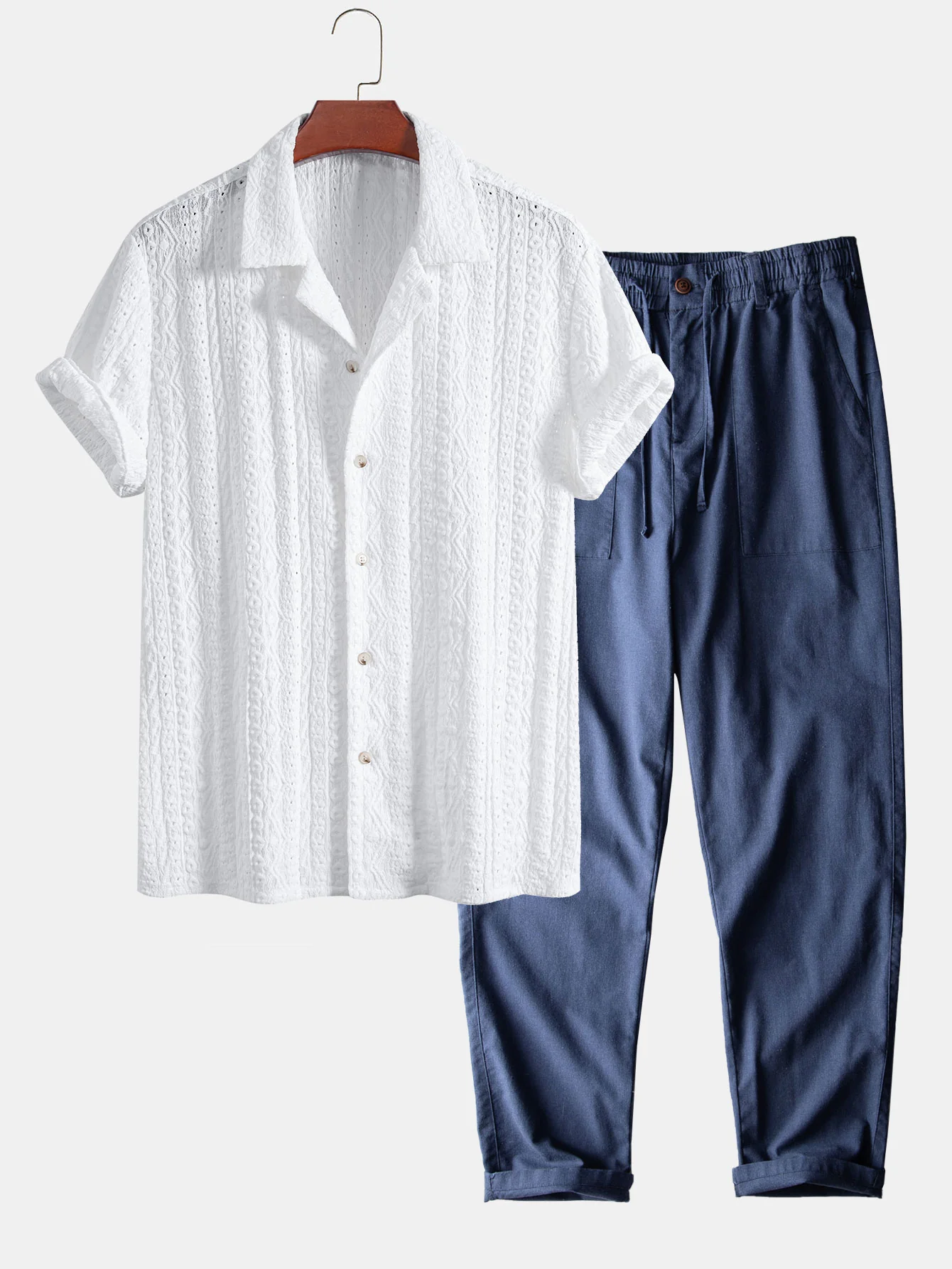 Geometrisches Jacquard-texturiertes Cuban-Shirt & gerade geschnittene Leinen-Baumwoll-Mix-Hose
