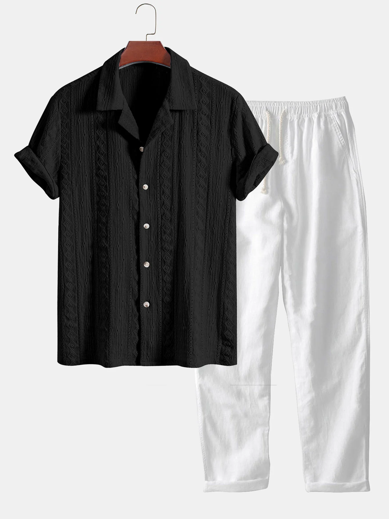 Geometrisches Jacquard-Strukturiertes Cuban Shirt & Gerade geschnittene Leinenhose - Image 3