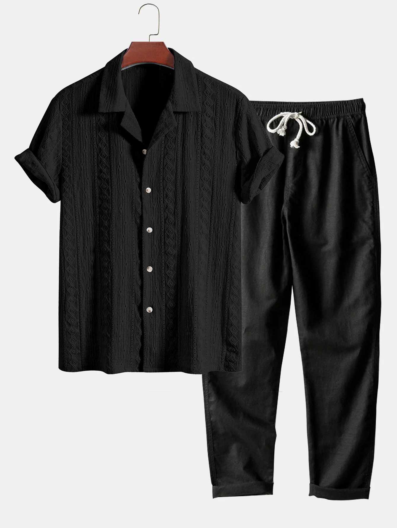 Geometrisches Jacquard-Strukturiertes Cuban Shirt & Gerade geschnittene Leinenhose - Image 4