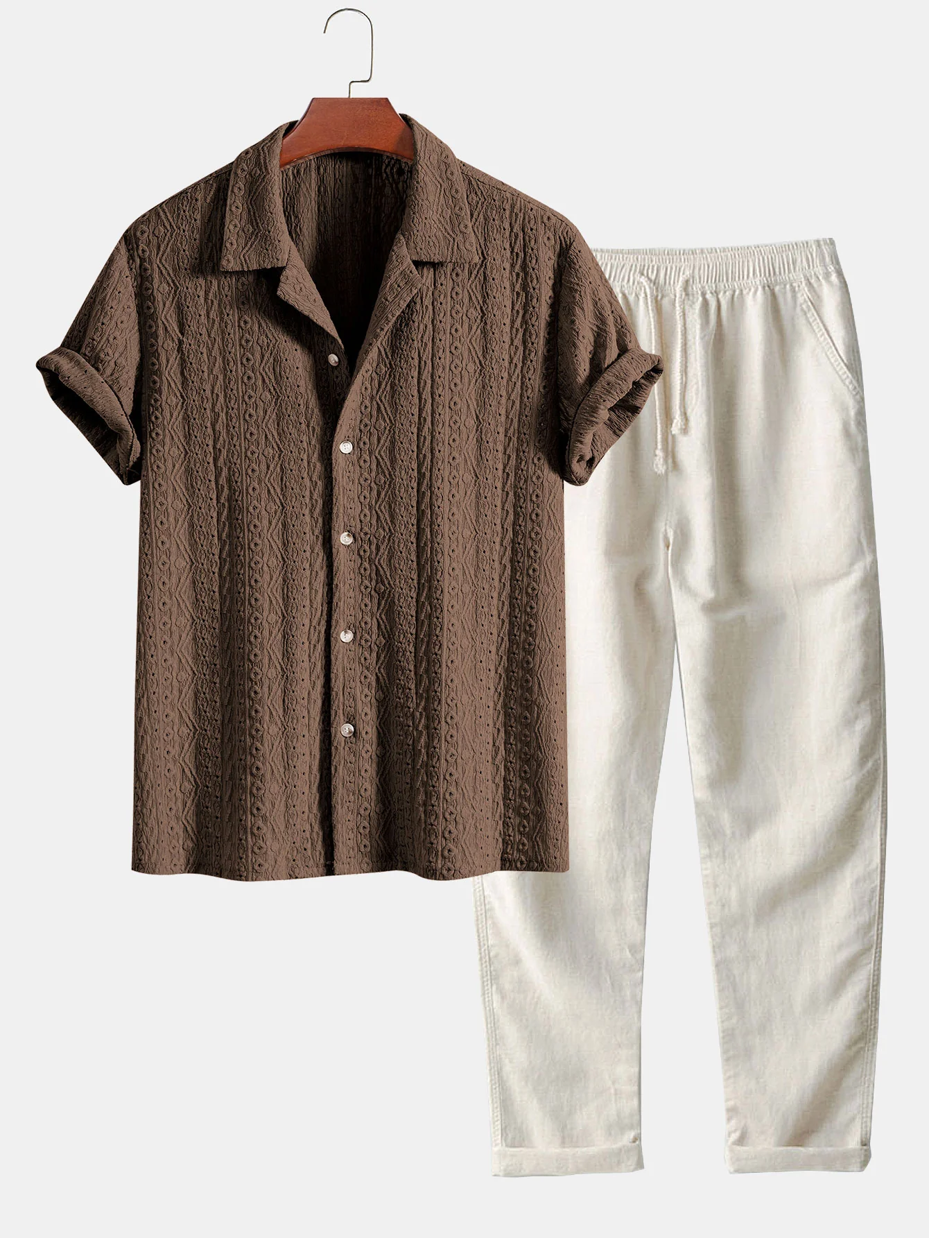 Geometrisches Jacquard-Strukturiertes Cuban Shirt & Gerade geschnittene Leinenhose - Image 2