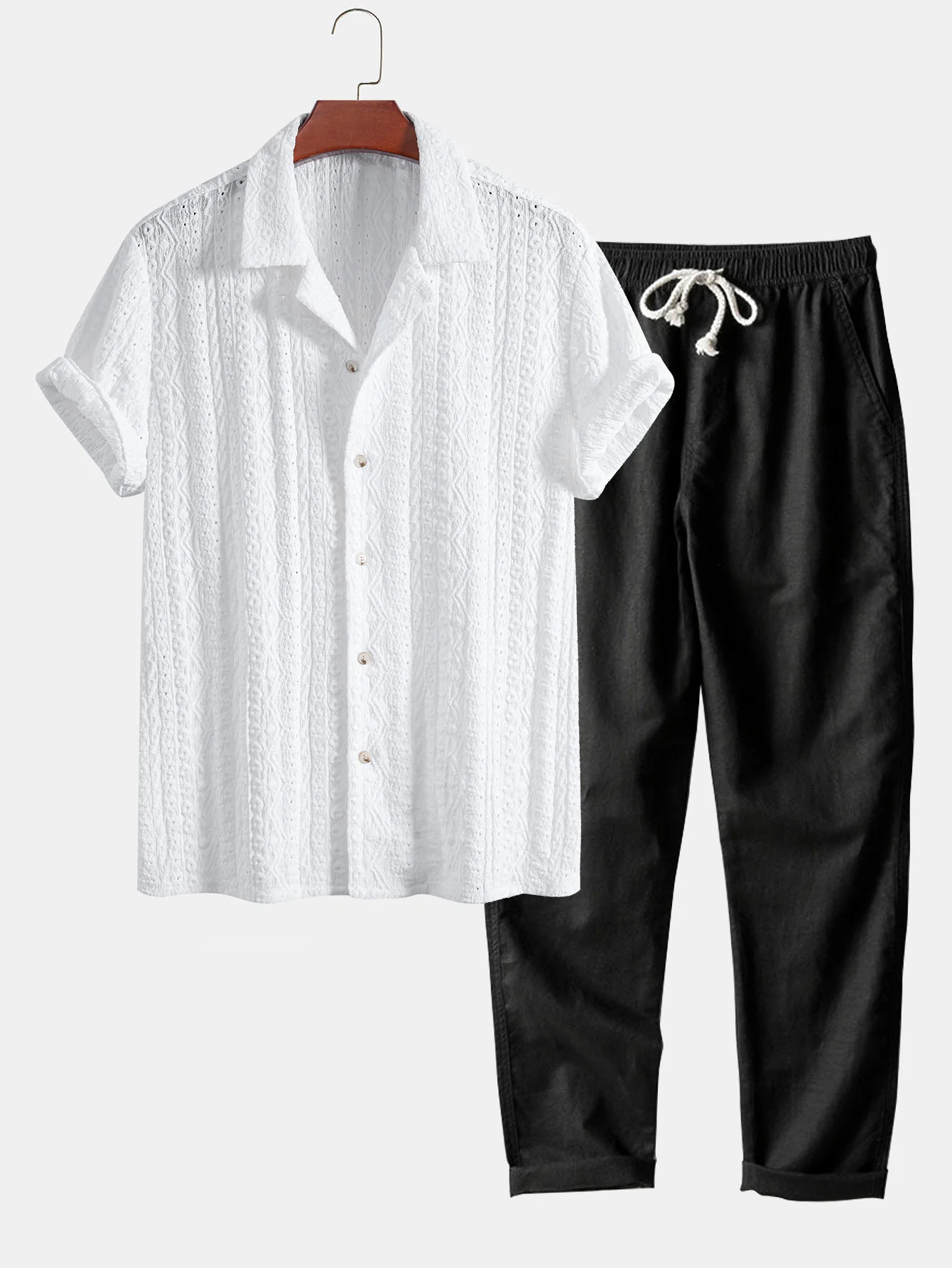 Geometrisches Jacquard-Strukturiertes Cuban Shirt & Gerade geschnittene Leinenhose - Image 3