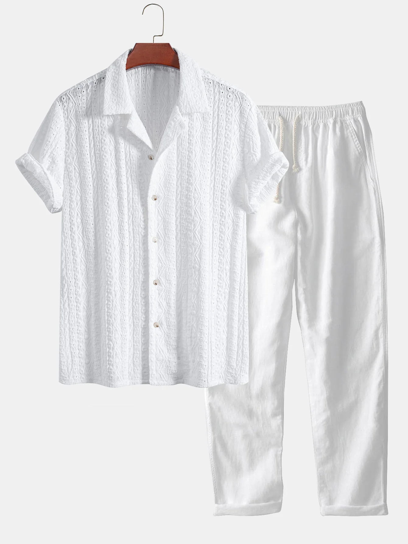 Geometrisches Jacquard-Strukturiertes Cuban Shirt & Gerade geschnittene Leinenhose - Image 4