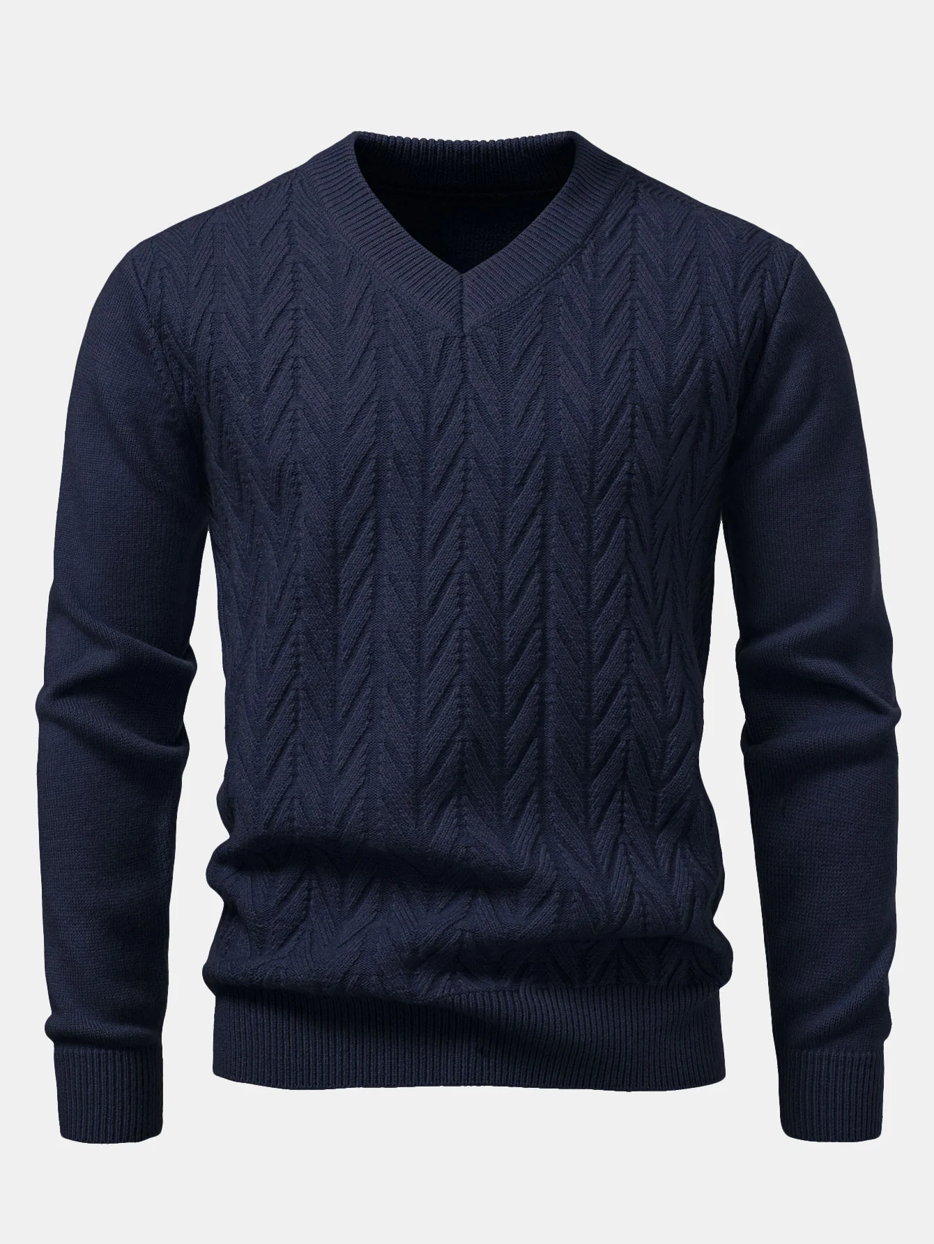 Schwerer geometrischer Jacquard-Pullover mit V-Ausschnitt - Image 3