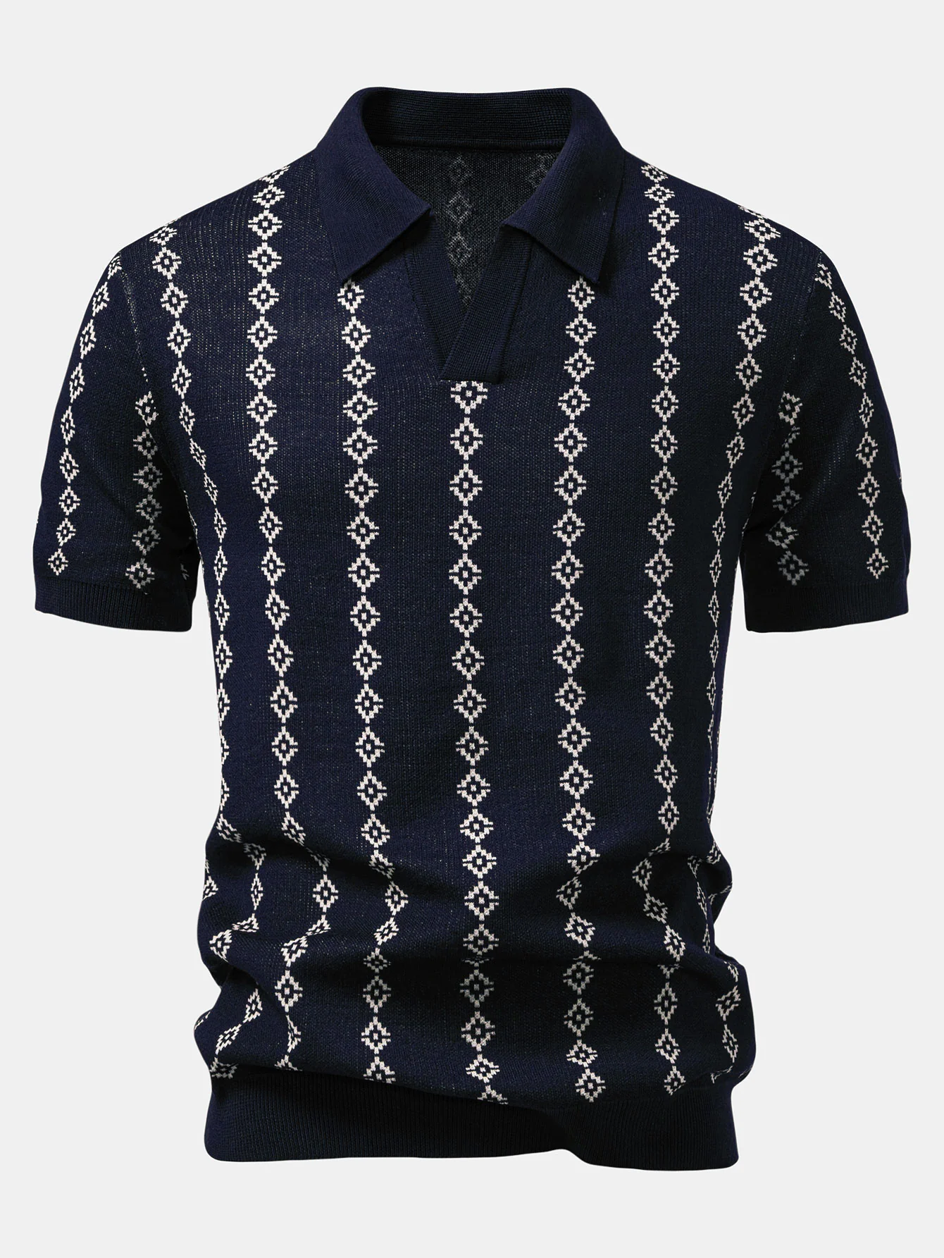 Geometrisch gestricktes Poloshirt mit V-Ausschnitt - Image 2
