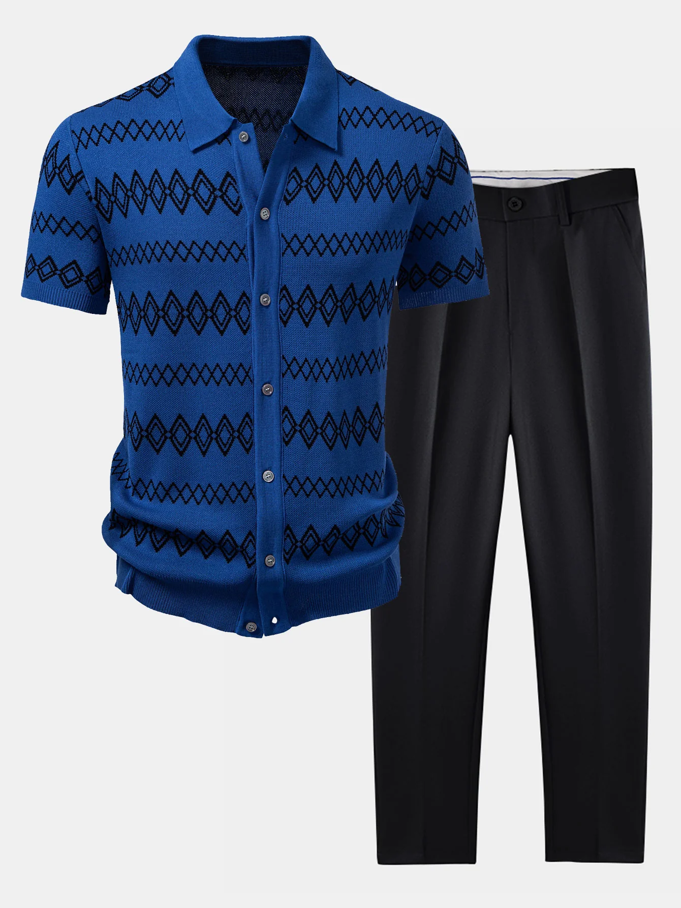 Geometrisches gestricktes Hemd mit Knöpfen & schlanke, zulaufende Hose