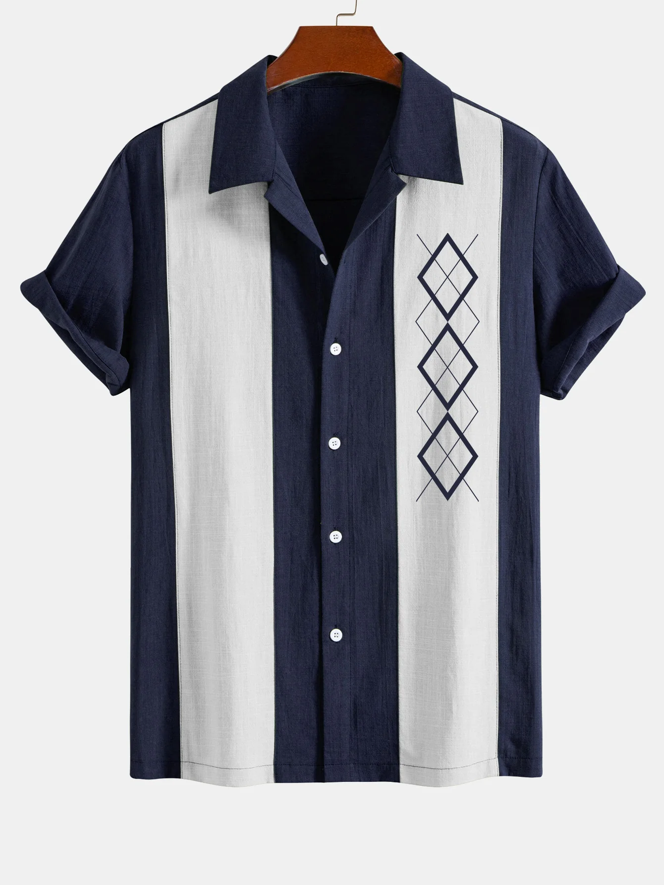 Geometrisches Rhombus-Druck Leinen-Look Patchwork Bowlinghemd