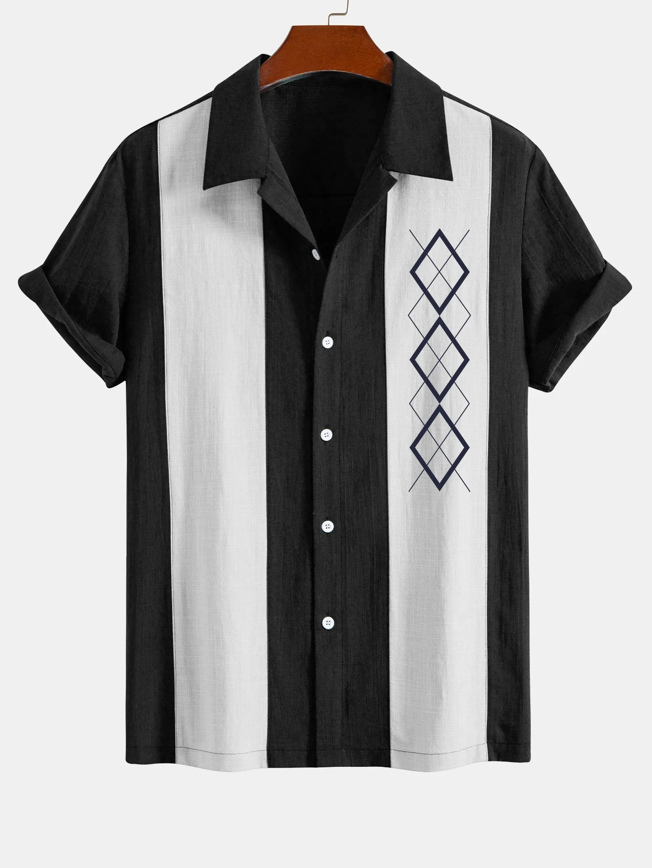 Geometrisches Rhombus-Druck Leinen-Look Patchwork Bowlinghemd - Image 3