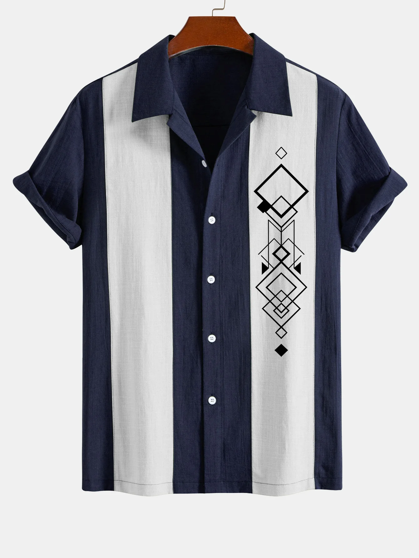 Geometrisches Rhombus-Druck Leinen-Look Patchwork Bowlinghemd - Image 3