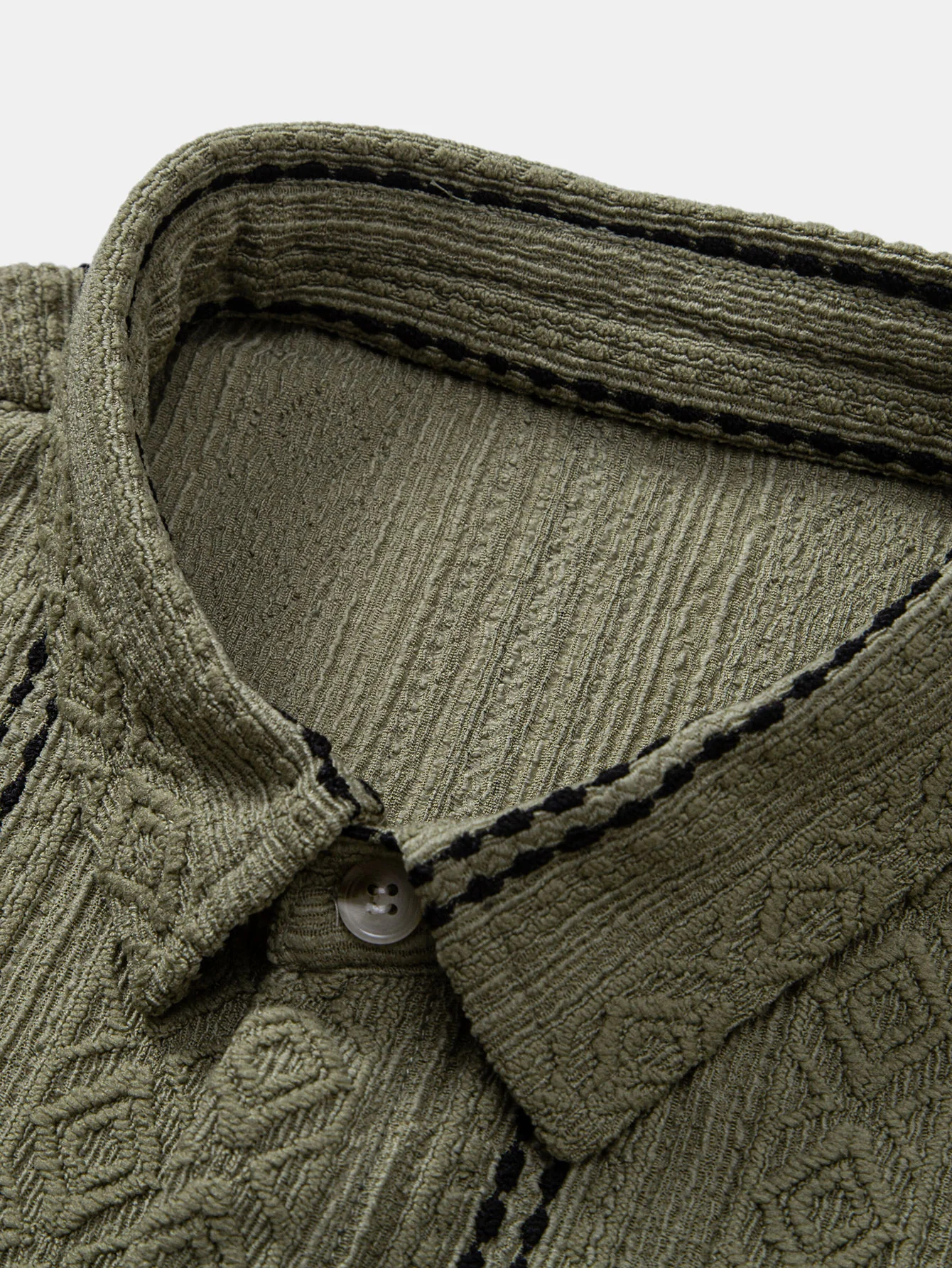 Geometric Striped Jacquard Button Up Shirt & Crinkle Textured Drawstring 5" Shorts - Image 14