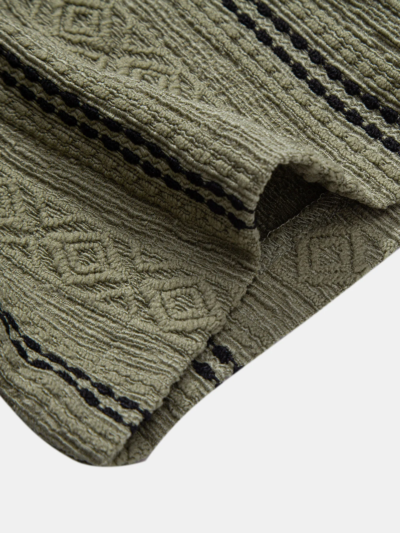 Geometric Striped Jacquard Button Up Shirt & Crinkle Textured Drawstring 5" Shorts - Image 15