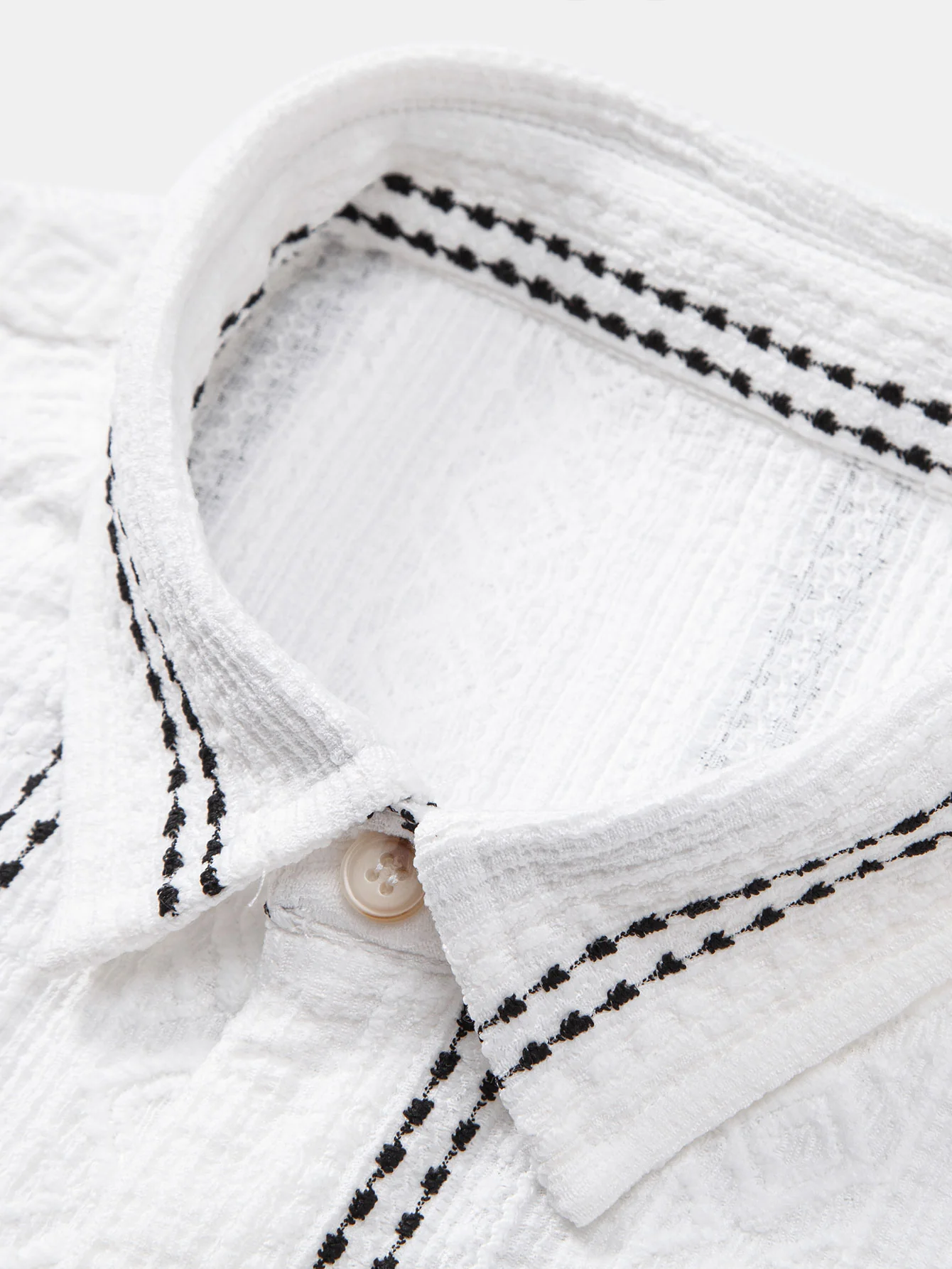 Geometric Striped Jacquard Button Up Shirt & Crinkle Textured Drawstring 5" Shorts - Image 17