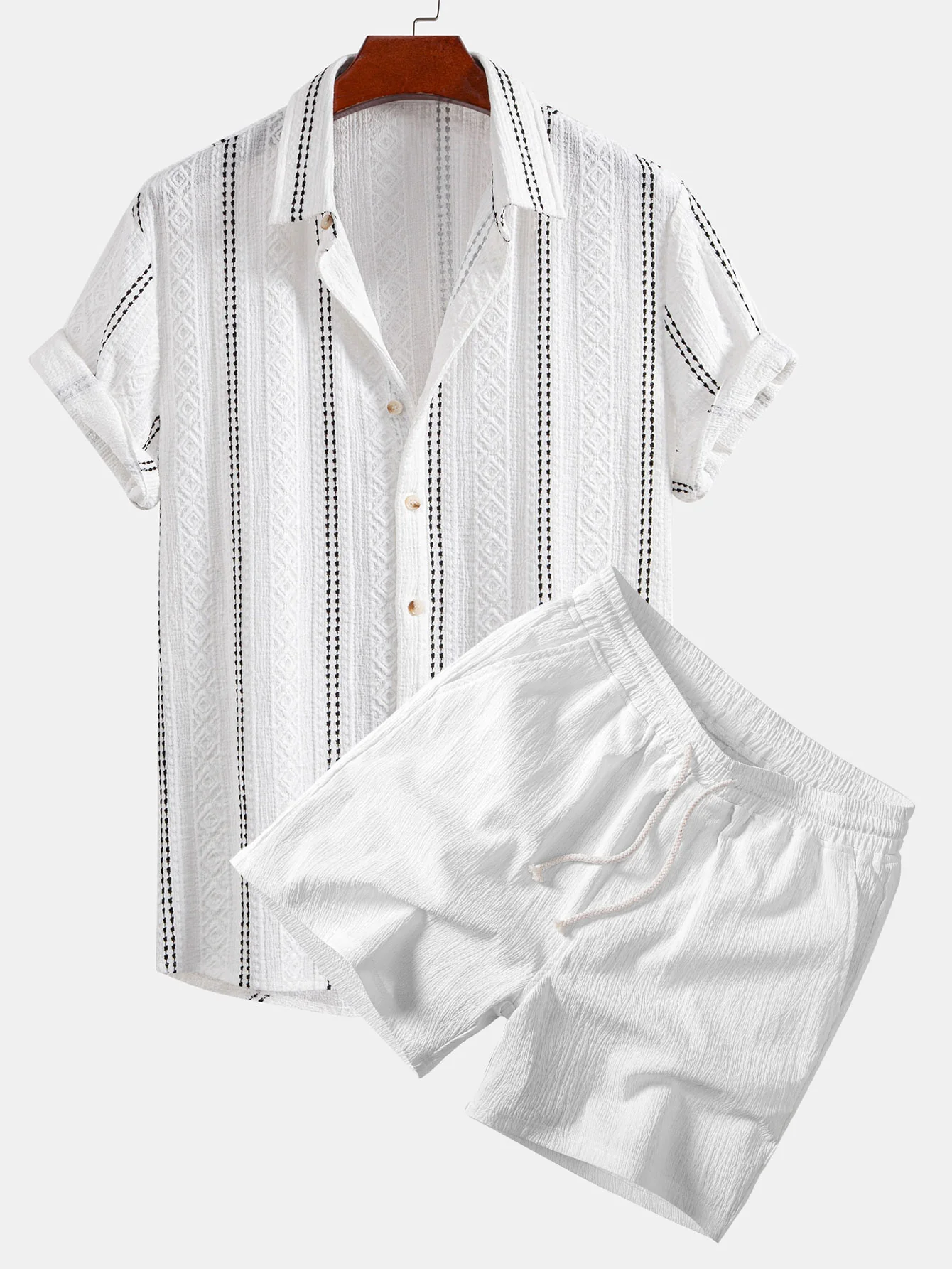 Geometric Striped Jacquard Button Up Shirt & Crinkle Textured Drawstring 5" Shorts - Image 2