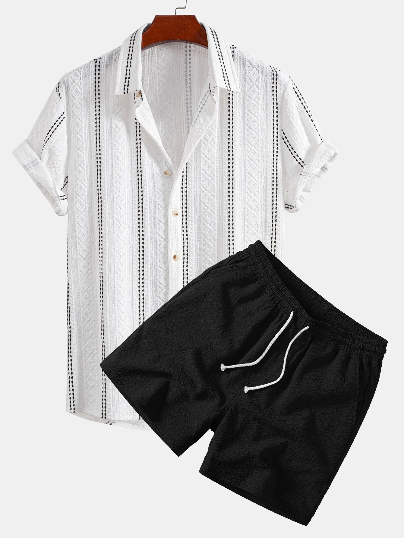 Geometric Striped Jacquard Button Up Shirt & Crinkle Textured Drawstring 5" Shorts - Image 3