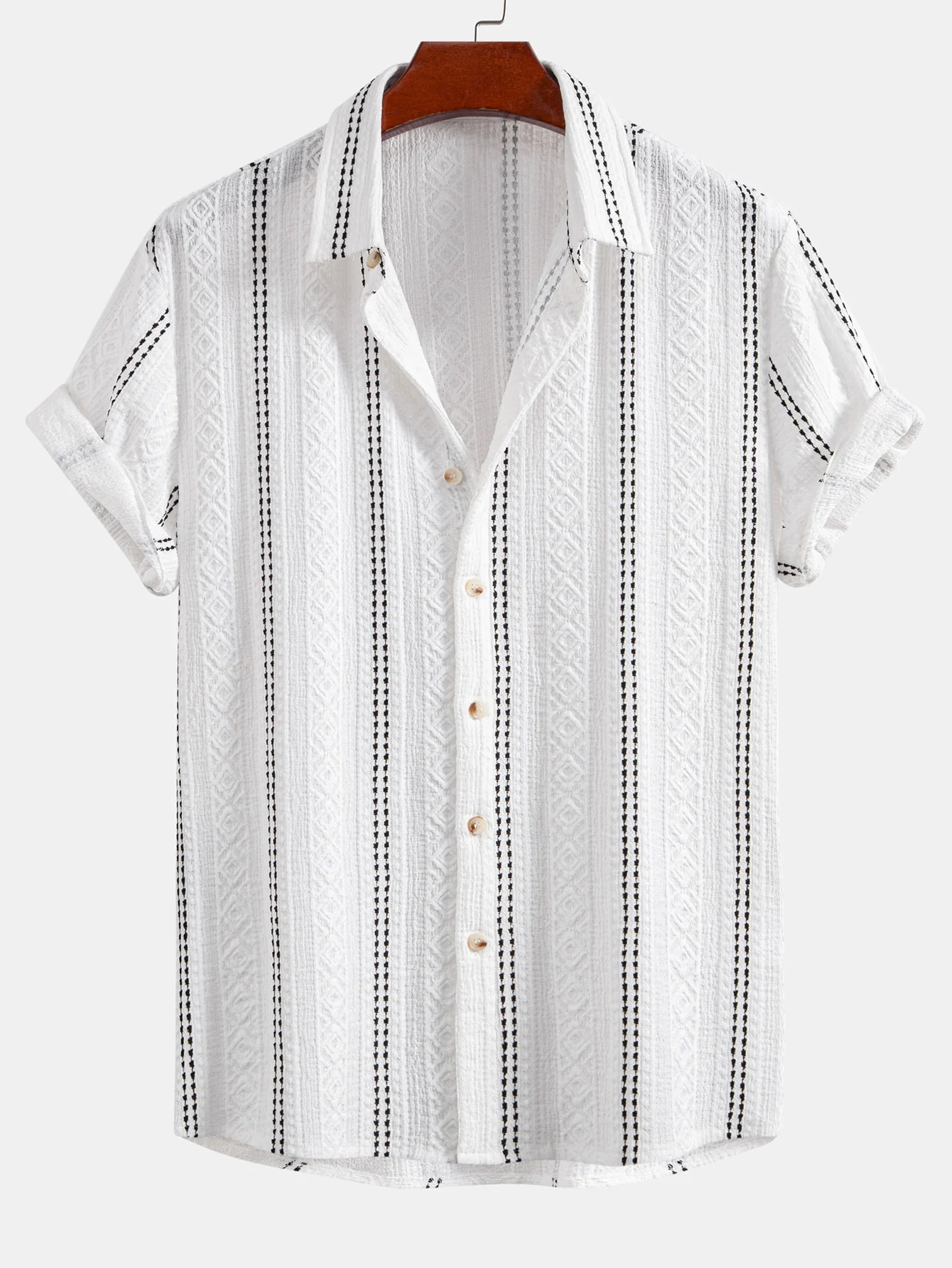 Geometric Striped Jacquard Button Up Shirt & Crinkle Textured Drawstring 5" Shorts - Image 6