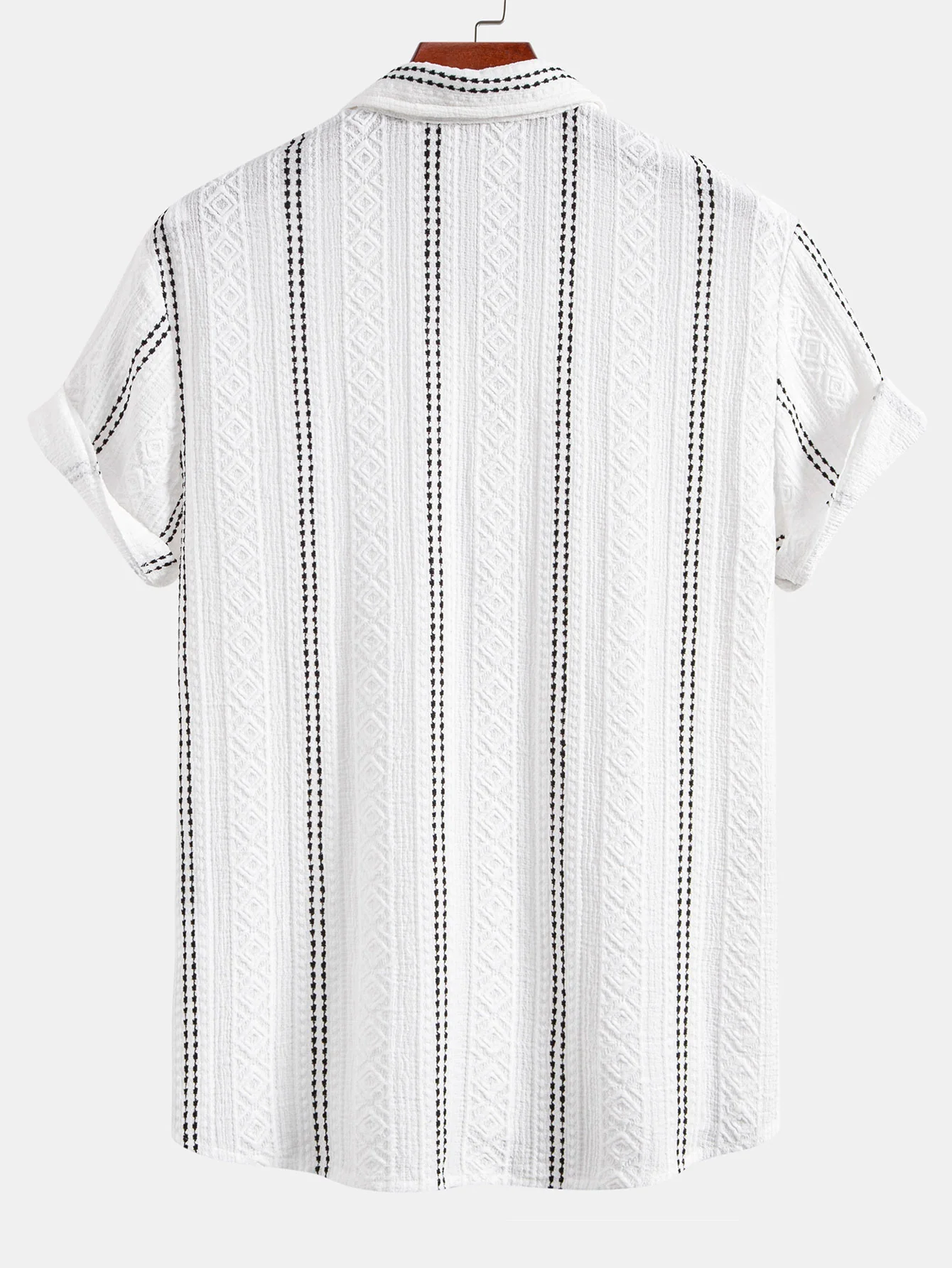 Geometric Striped Jacquard Button Up Shirt & Crinkle Textured Drawstring 5" Shorts - Image 7