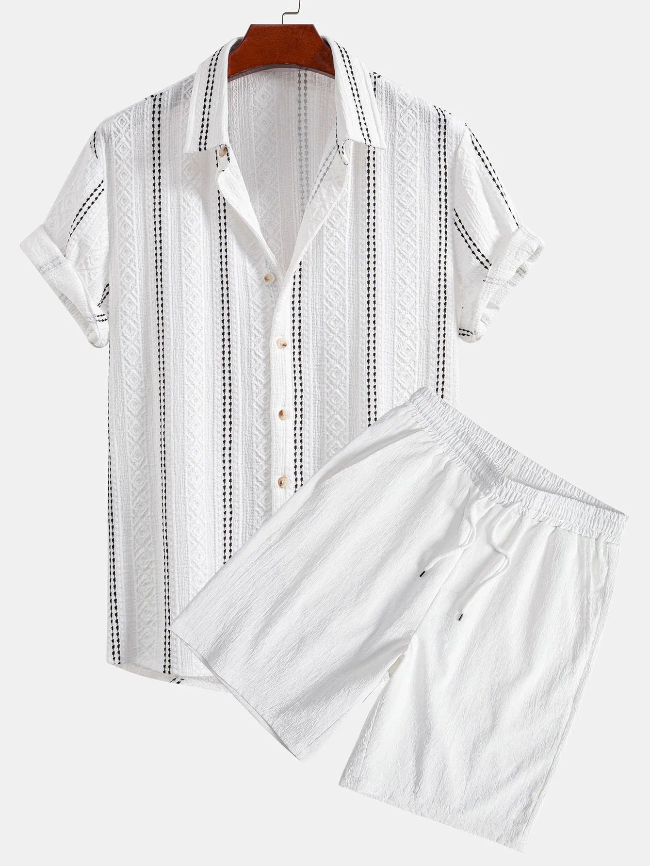 Geometrisch gestreiftes Jacquard-Hemd mit Knöpfen & zerknitterte, strukturierte Shorts mit Kordelzug - Image 3