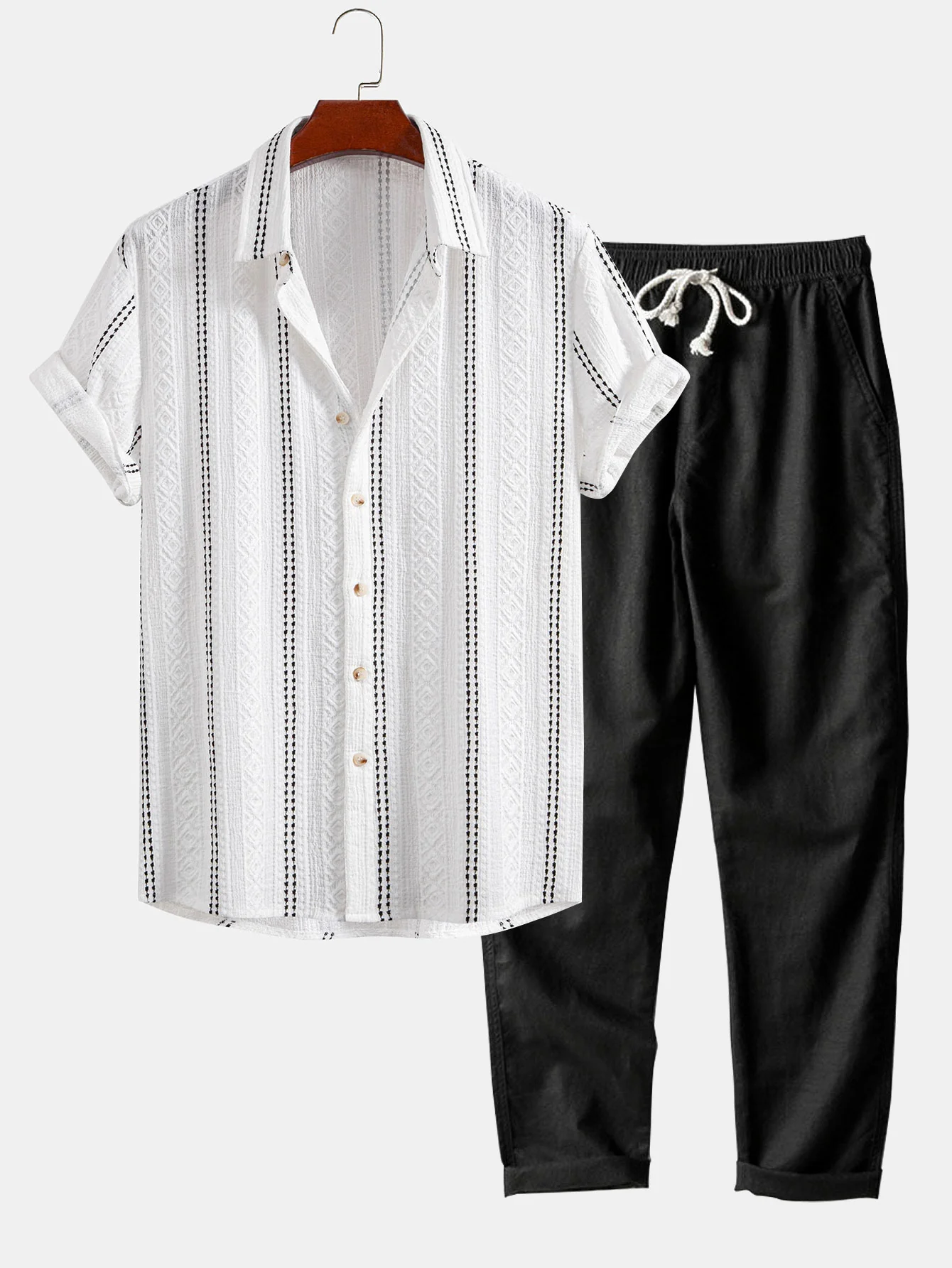 Geometrisch gestreiftes Jacquard-Hemd mit Knöpfen & Leinenhose mit geradem Bein - Image 3