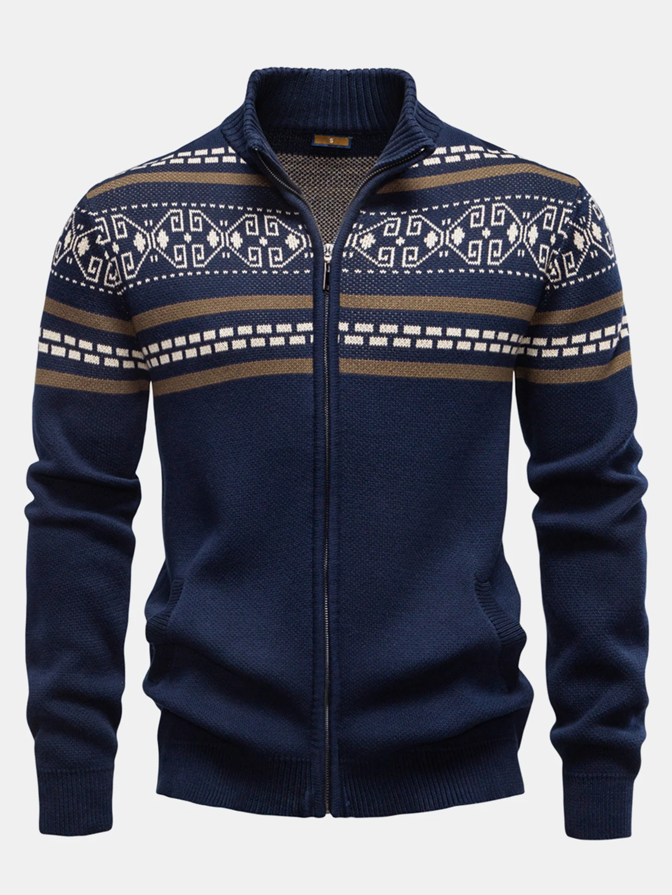 Geometrischer Jacquard Reißverschluss Stehkragen Pullover