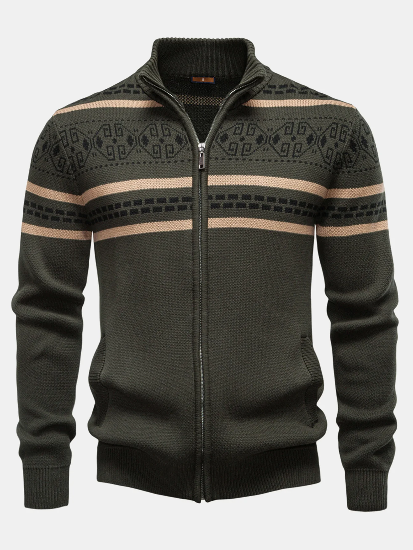 Geometrischer Jacquard Reißverschluss Stehkragen Pullover - Image 3