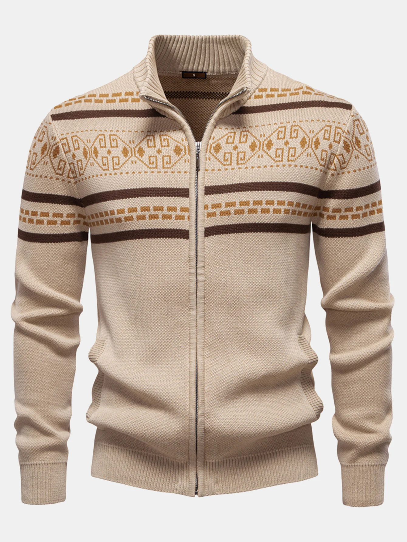 Geometrischer Jacquard Reißverschluss Stehkragen Pullover - Image 5