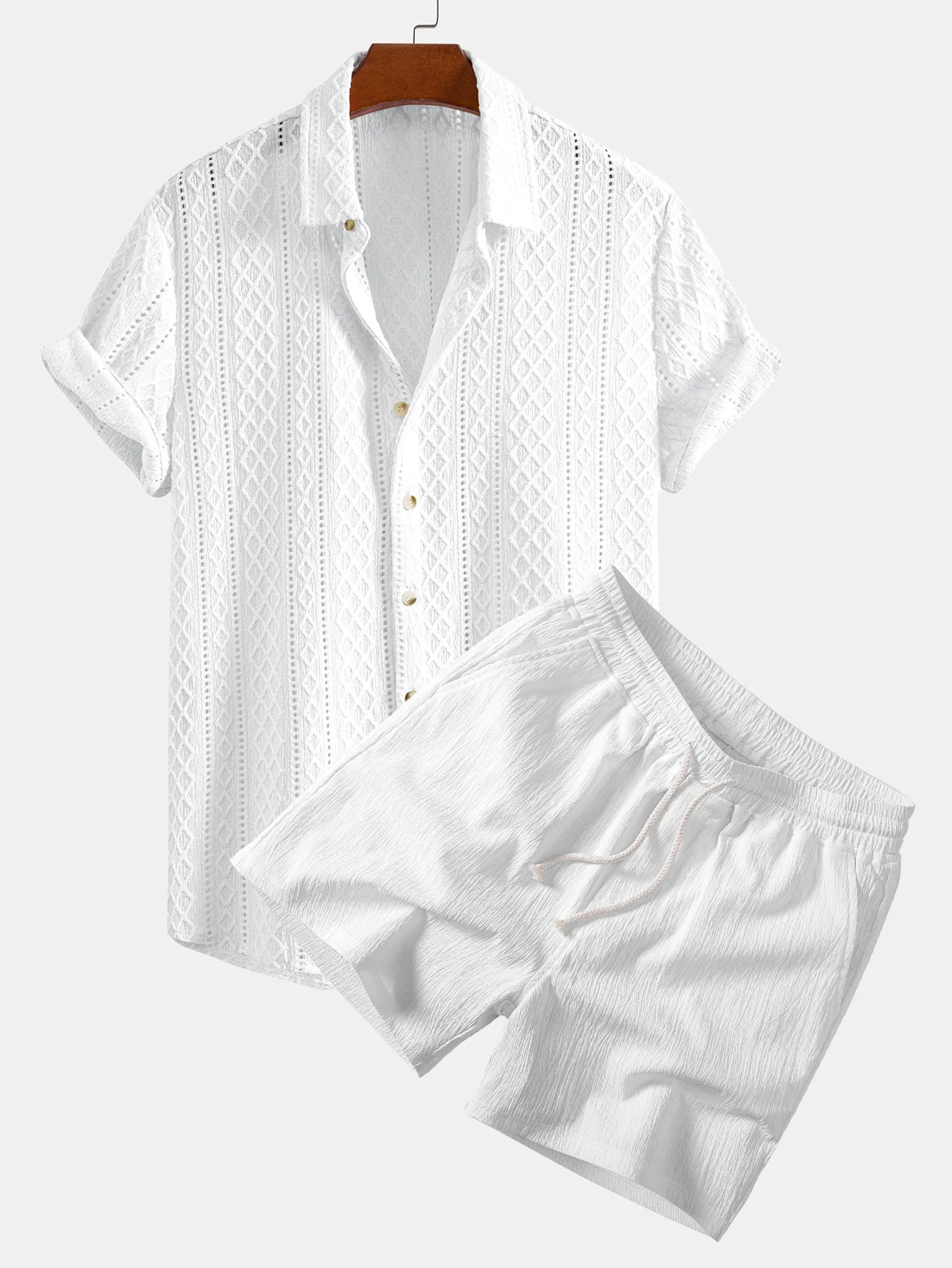 Geometry Rhombus Jacquard Button Up Shirt & Crinkle Textured Drawstring 5" Shorts