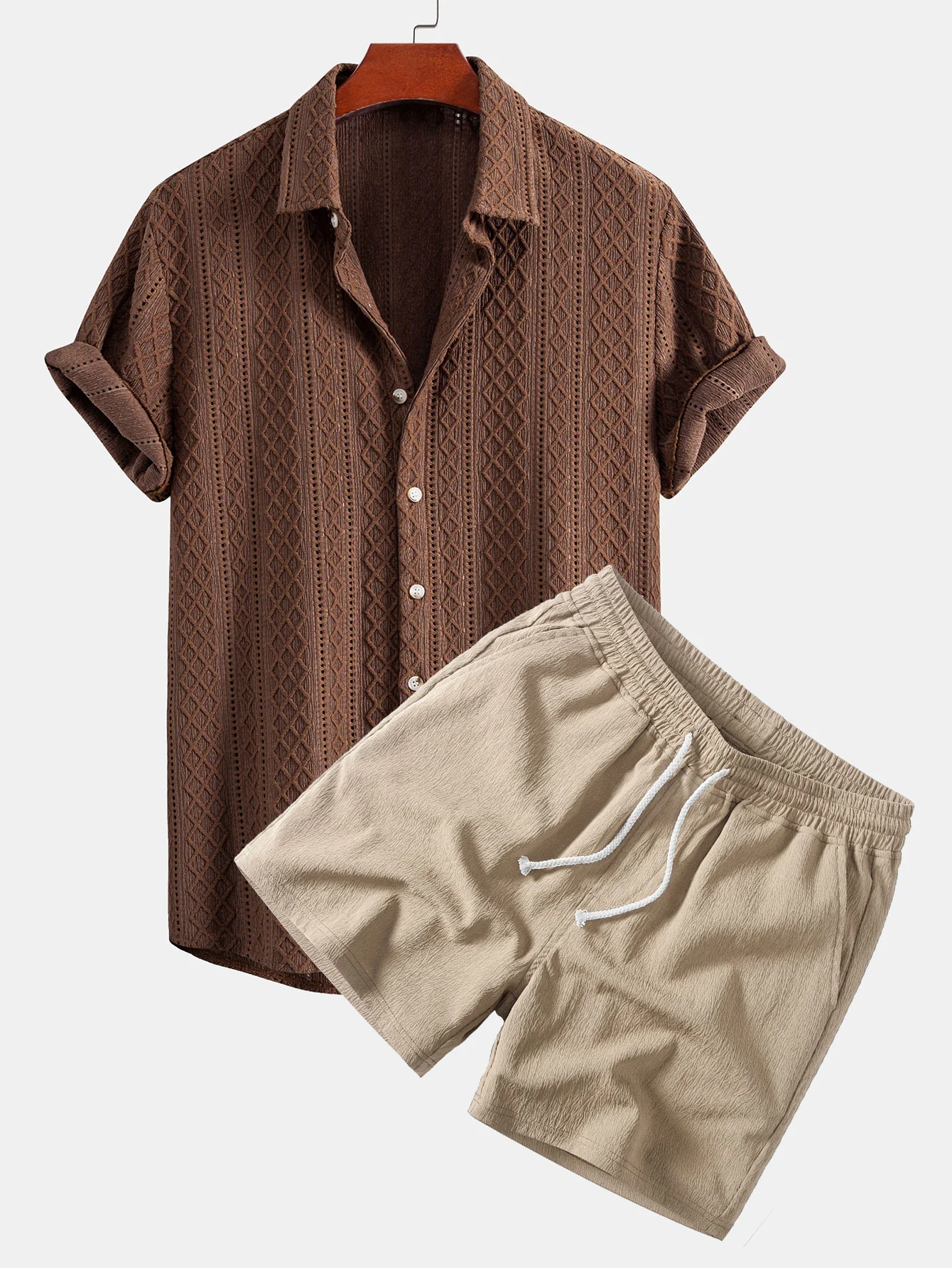 Geometry Rhombus Jacquard Button Up Shirt & Crinkle Textured Drawstring 5" Shorts - Image 2